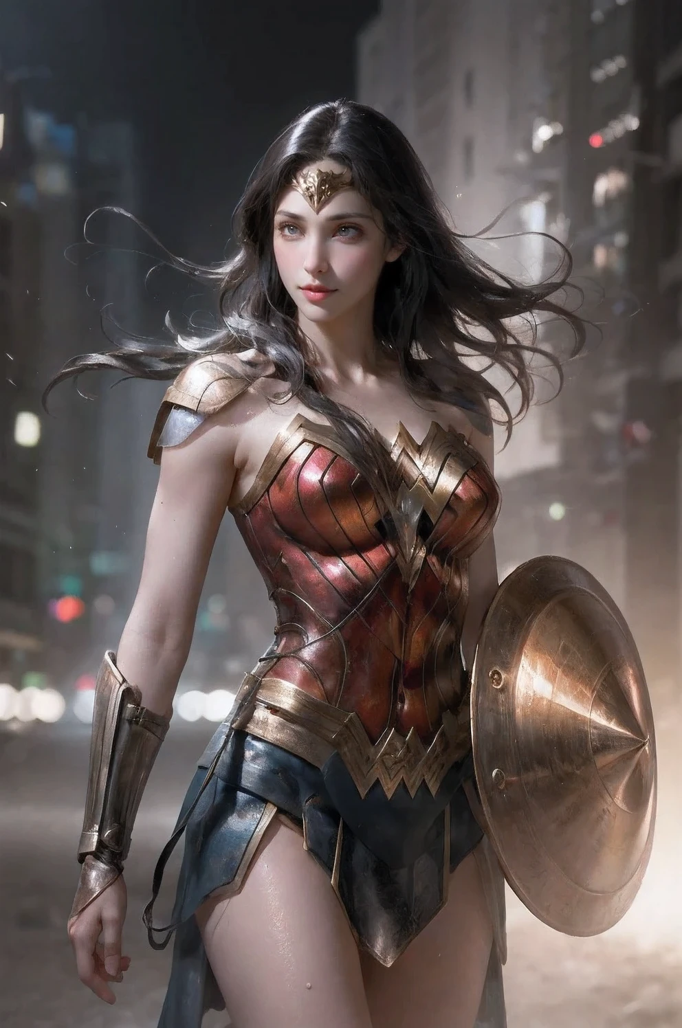 best quality, 1 girl, alone, wonder woman, breast, skin shiny, looking at the audience, Cowboy shooting, black hair, brown eyes, city View, blurred background, dynamic poses, night,holding a shield, wet,
