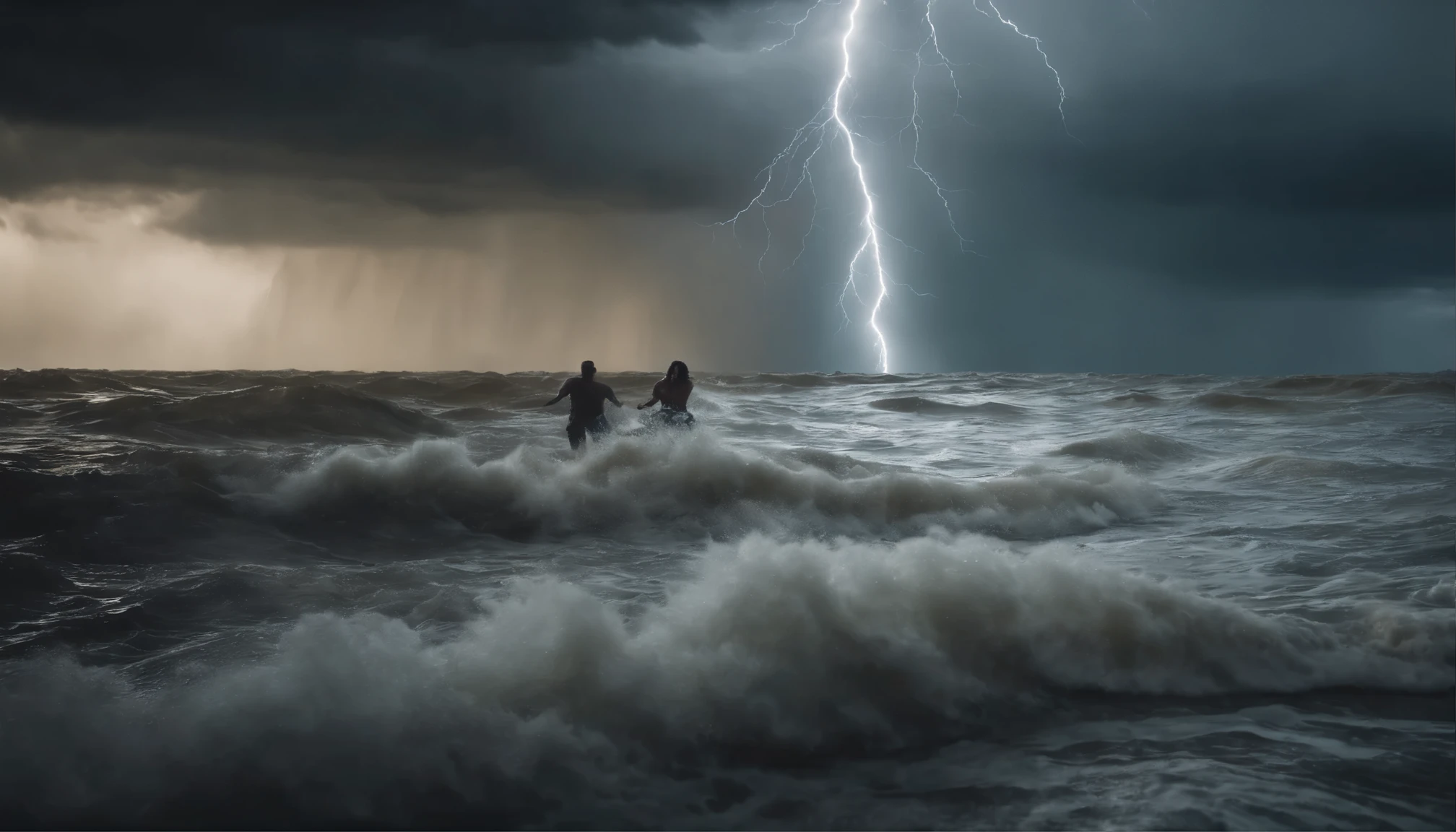 there are several people being carried away by the sea waters, biblical epic flood scene, heavy rain and thunderstorm background with lightning and thunder, Cloudy sky