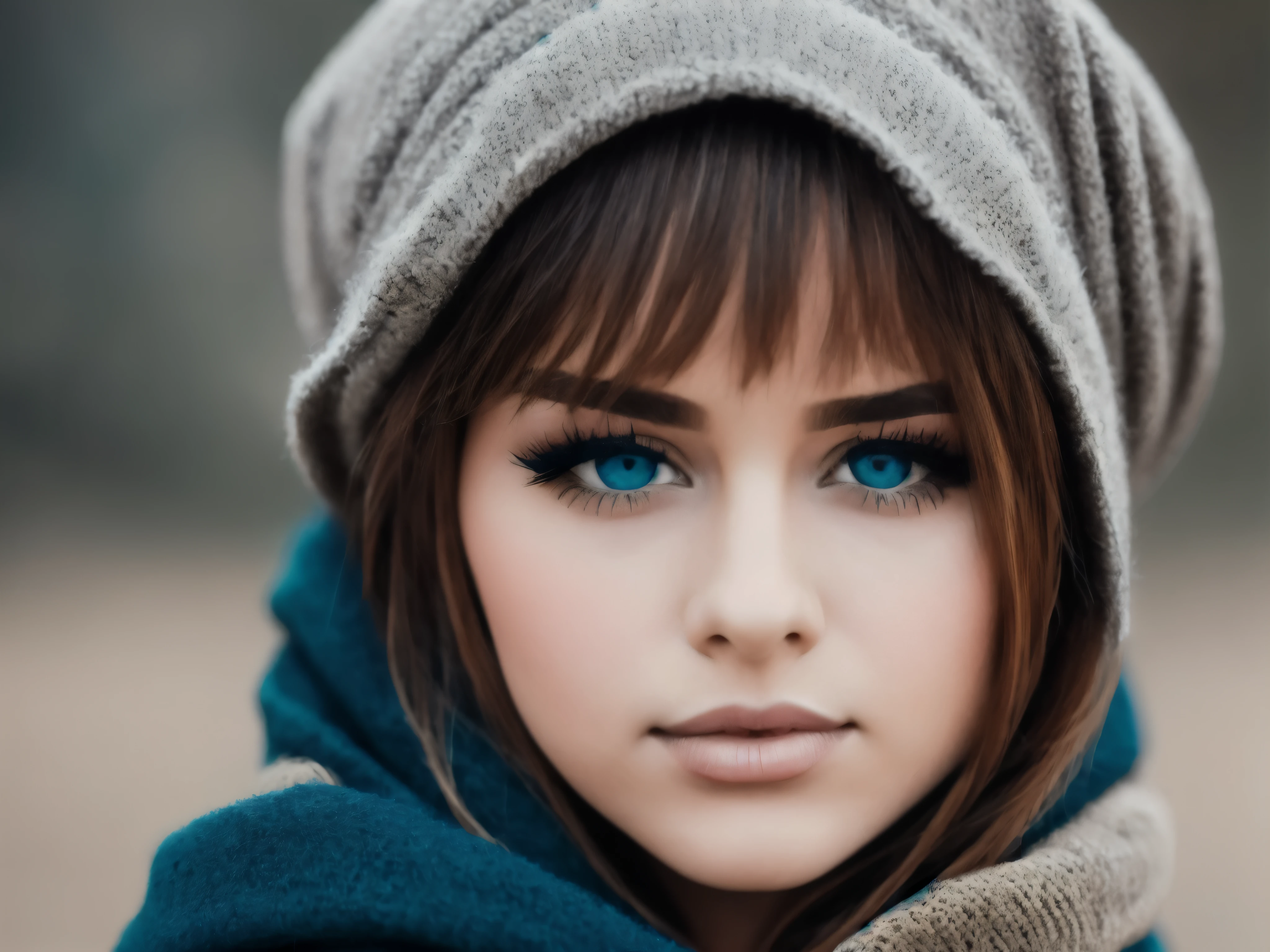 Close-up of a young woman's face partially obscured by a dark teal scarf, highlighting her striking blue eyes, long eyelashes, and well-defined eyebrows. The focus is sharp on her eyes with a soft bokeh background that creates a shallow depth of field. Her brunette hair frames her face, and the image has a cool color tone with a natural light setting. The composition is centered, creating an intimate and engaging portrait with a sense of mystery.