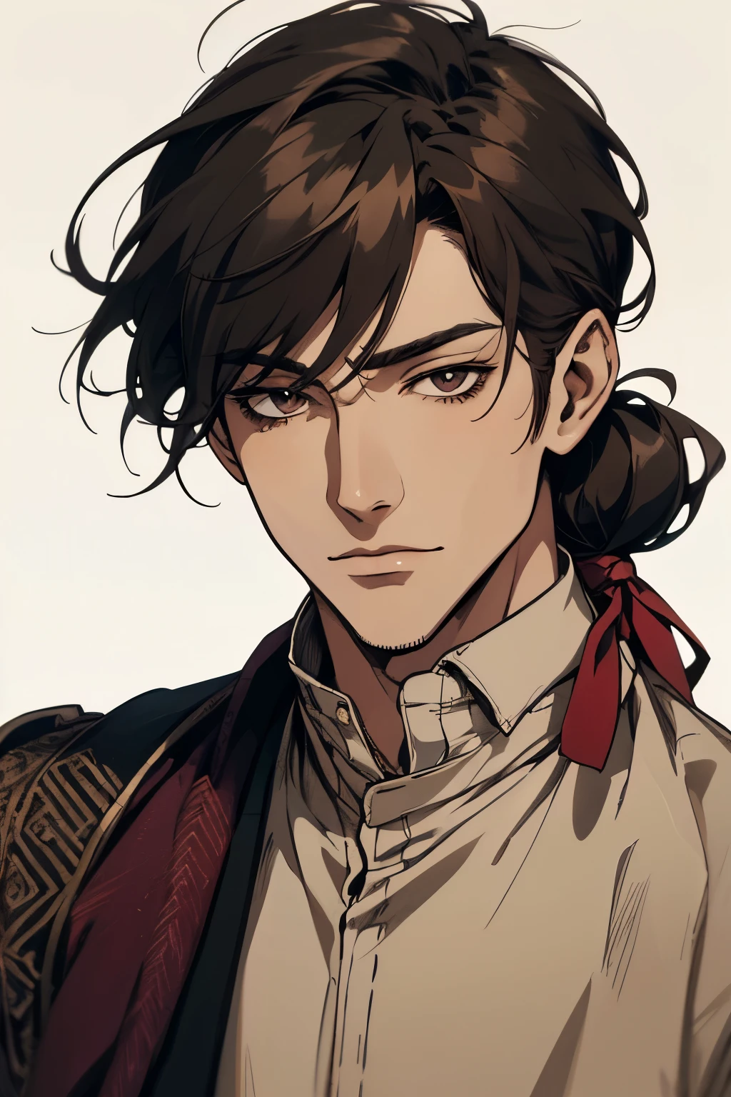 (excellent quality), (high resolution), (absurdreasterpiece) ((man)), (male), black hair, low ponytail, brown hair, disheveled hair, ((artist)), ((shirt, pants)), character looking at the camera, detailed face, ((medieval)), ((bang)), (((simple clothes))), portrait, small eyes