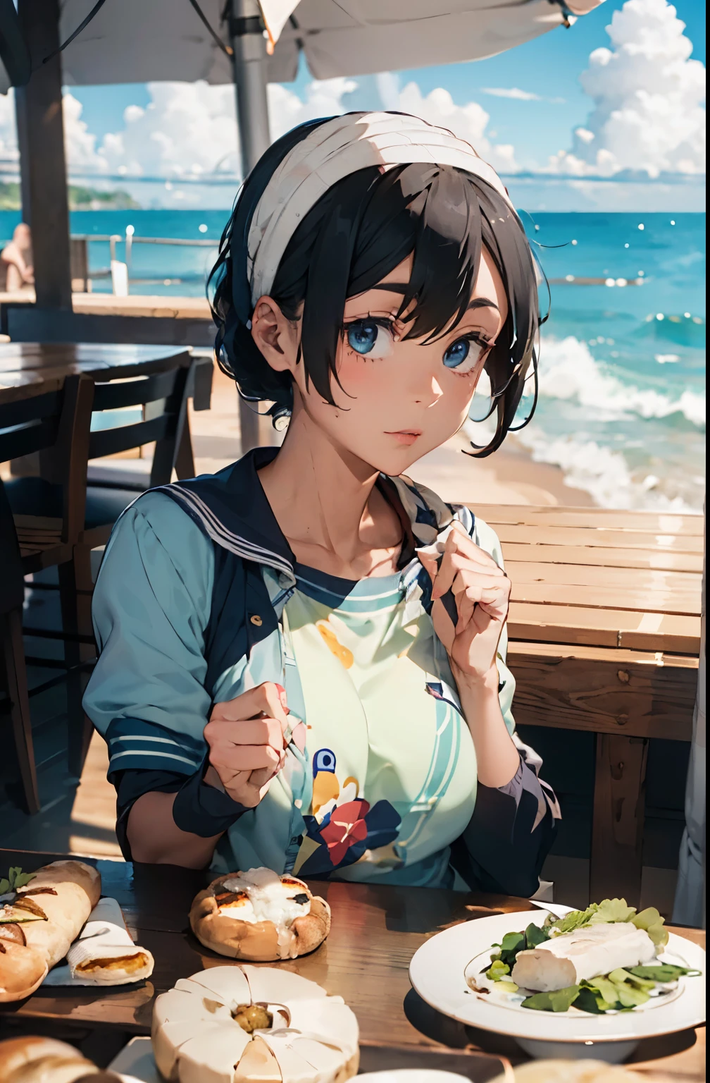 (table top, highest quality, 8k:1.2) table top, highest quality, 1 girl, (sea bread:1.3), topless, blush, embarrassing, Exhibitionism, beach, ,NSFW,beautiful,table top,pretty girl,very detailed and delicate,非常に細かくてbeautiful,beautiful and clear background, nipple, walk, put your hand on your chest,