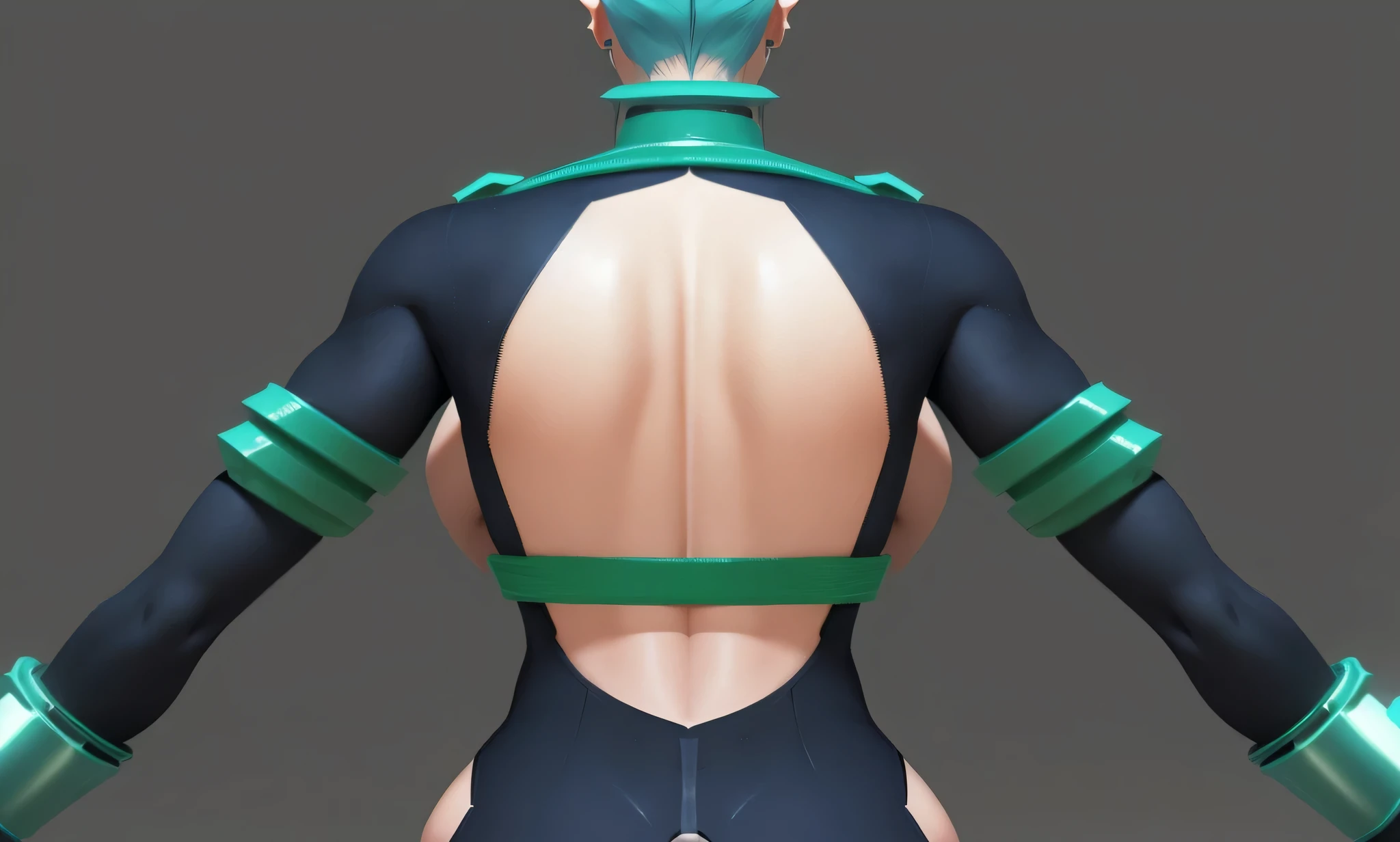 wear tights、Close-up of person wearing green belt, including upper torso, upper part of body, Upper body details, Extra detailed body, Centered full body rear shot, Hand painted texture on model, Upper body visible, back posture, extremely fine skin, Neon light edge on the bottom of the fuselage, Highly detailed body, cel 阴影 pbr,3D character art,Ash,2。5D CGI anime fantasy artwork,Rebellious Art Art StationCGCosiety,Close-up of people,As seen on art website