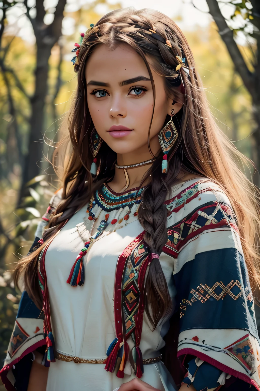 (cinematographic photography of a beautiful, detalhada mulher de 18 anos com ((facial and body features similar to those of Kristina Pimenova))), (), ((Inspirado pelos nativos americanos: Vestidos tradicionais dos nativos americanos ou roupas de couro com franjas. cena: A quiet prairie or wooded area. props: Dream Hunters, Beaded accessories, cada cobertor tribal.)), (), (), finamente detalhado, ultra-realistic features of her pale skin and (Slim and athletic body), e (symmetrical, rosto bonito e realista), foi encontrado, (), (), (()), (), fotografia de estoque de filme,  Cores ricas, hiper-realista, textura realista, dramatic lighting, forte contraste