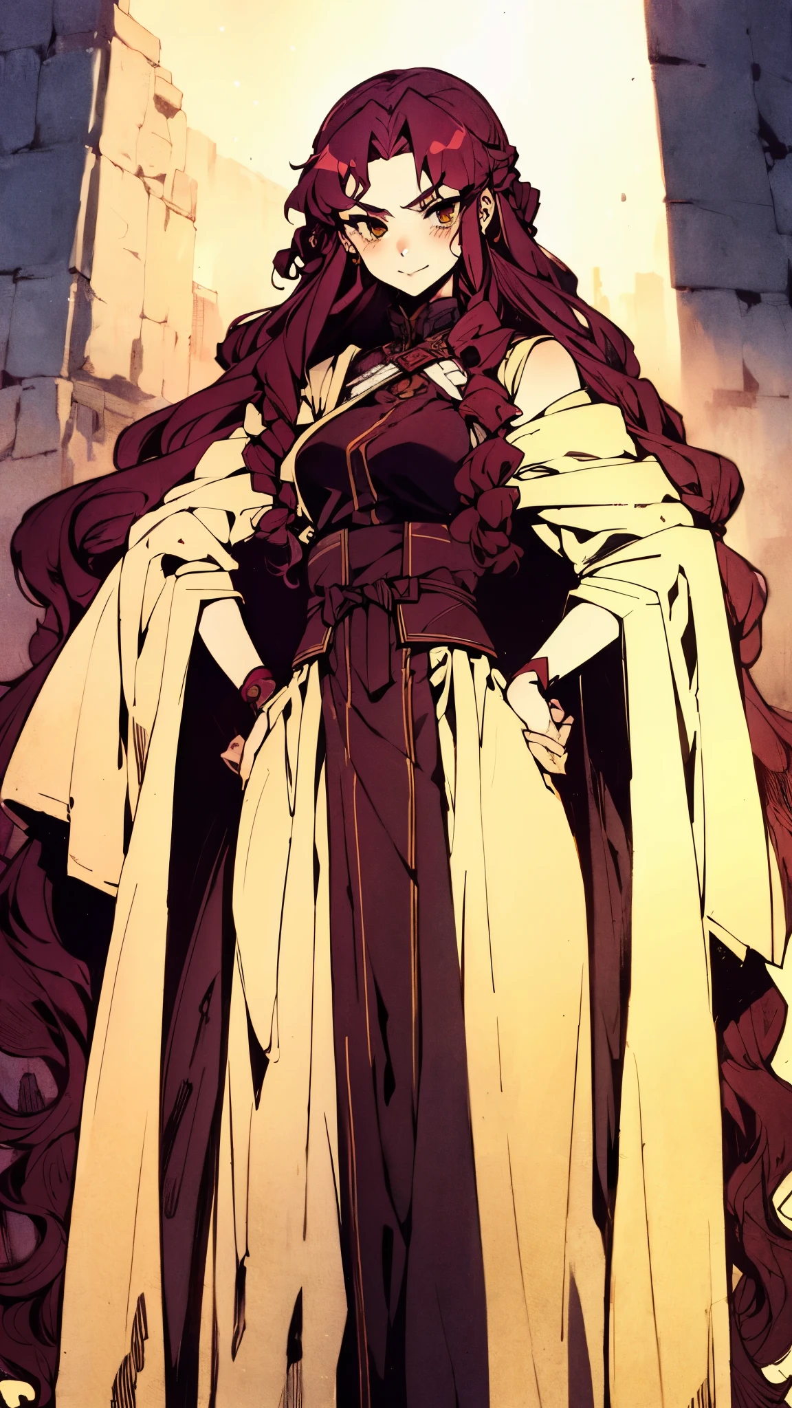 ((A girl with long deep red wavy hair)), slender upturned eyebrows, sharp eyes, delicate features, ((a mix of Central Asian and European facial characteristics)), a hint of a smile at the corner of her mouth, exuding confidence, her figure is svelte, ((a fantasy-style long dress designed for both ease of movement and regal elegance, loose and comfortable trousers that match the outfit for ease of movement, red and white as the main color, complemented by yellow accents)), proudly standing with hands on hips, the scene is set in a majestic fantasy-style ancient city that melds Chinese and Japanese architectural influences, this character embodies a finely crafted fantasy wuxia-style female warrior in anime style, exquisite and mature manga art style, perfect nose, perfect mouth, perfect eyes, perfect hair, Perfect skin, textured skin, detailed skin, porcelain skin, high definition, best quality, highres, ultra-detailed, ultra-fine painting, extremely delicate, professional, anatomically correct, symmetrical face, extremely detailed eyes and face, high quality eyes, creativity, RAW photo, UHD, 32k, Natural light, cinematic lighting, masterpiece-anatomy-perfect, masterpiece:1.5