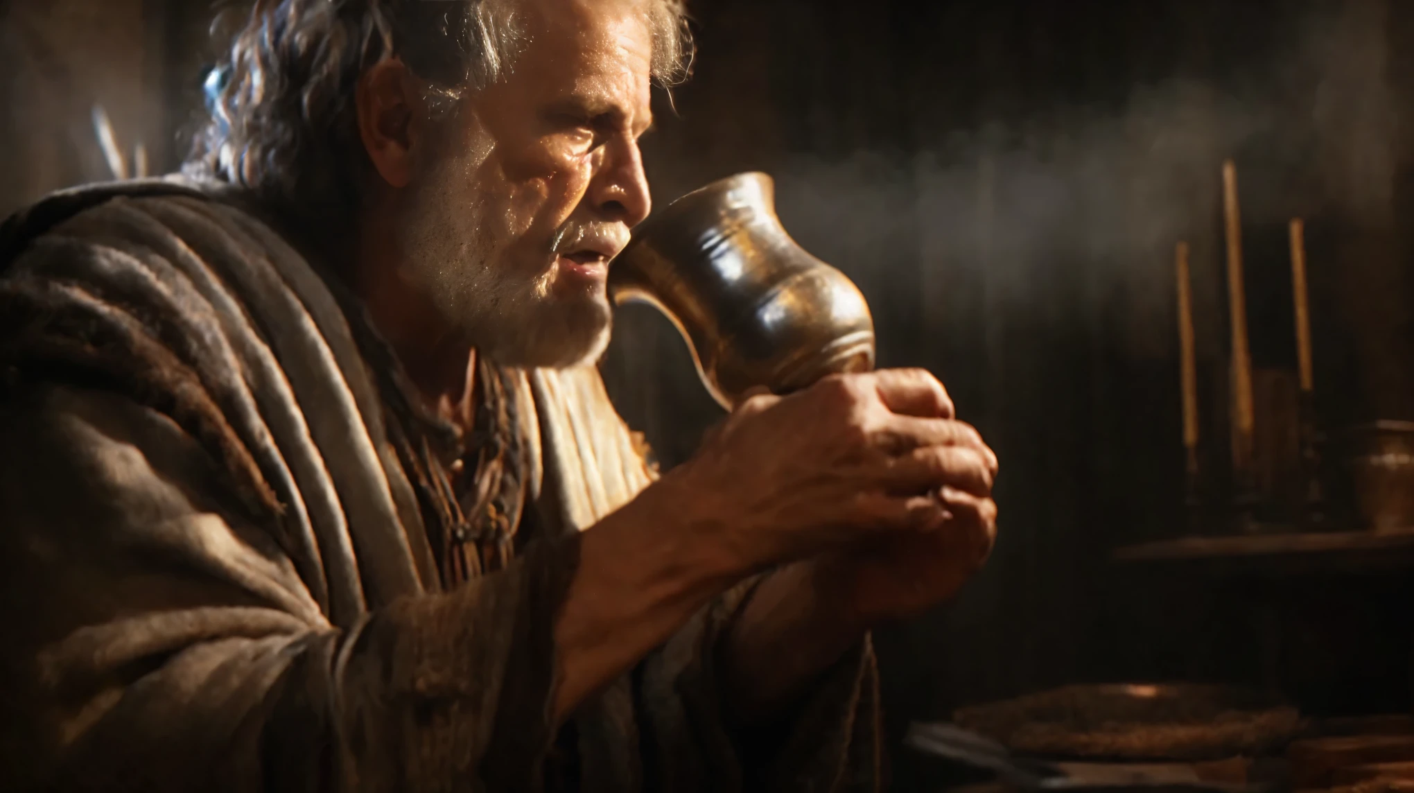 um homem com barba e manto segurando um martelo, Jeremias, por Edwin Georgi, James Gurney Cinematic Lighting, biblical art lighting, cinematic detail, filme 8k ainda, still from a live action film, biblical image, biblical epic film, cinematic contrasting lighting, detailed cinematic shot, Nicodemos, filme still de deus da guerra, faithful cinematic color scheme