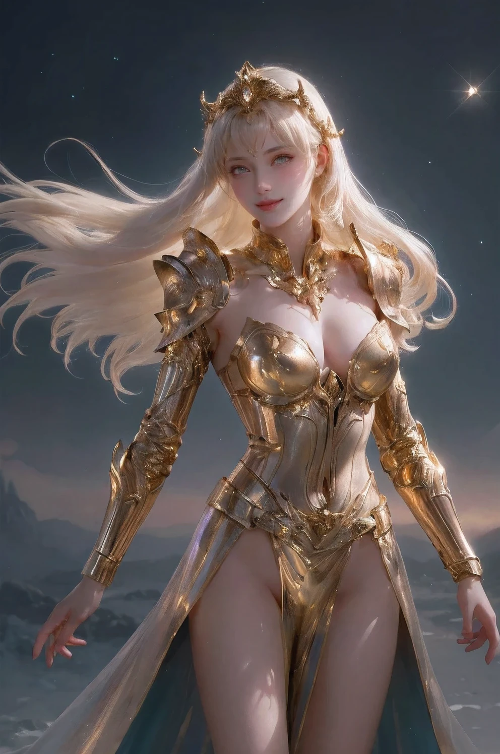 Super high saturation，（masterpiece）， full-body shot，（best quality）， （1 girl）， starry sky background，Wearing shining golden armor， Sexy lingerie type armor，show your breasts，Expose the waistline，Showing thighs，cool pose， Saint Seiya Armor， messy hair，high detail, anime style, movie lighting, spark, divine light, Ray tracing, film grain, Ultra high quality, textured skin, Super details, anatomically correct, high resolution，Super high saturation，high contrast，High-gloss armor，smooth skin，Serious expression,darkroom,