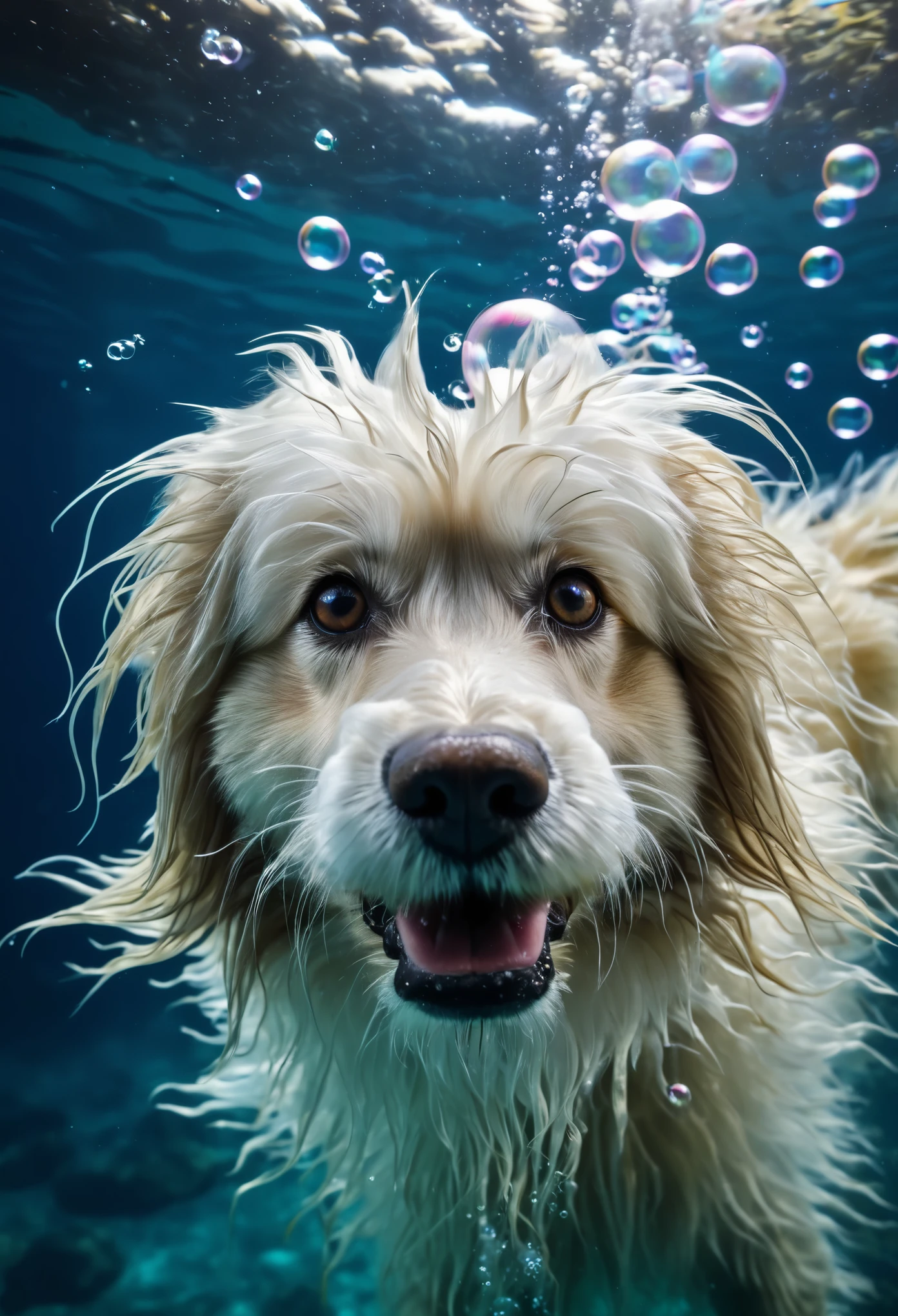 Swimming long hairy dog, underwater, diving, bubbles, high quality, depth of field, ultra detailed photo