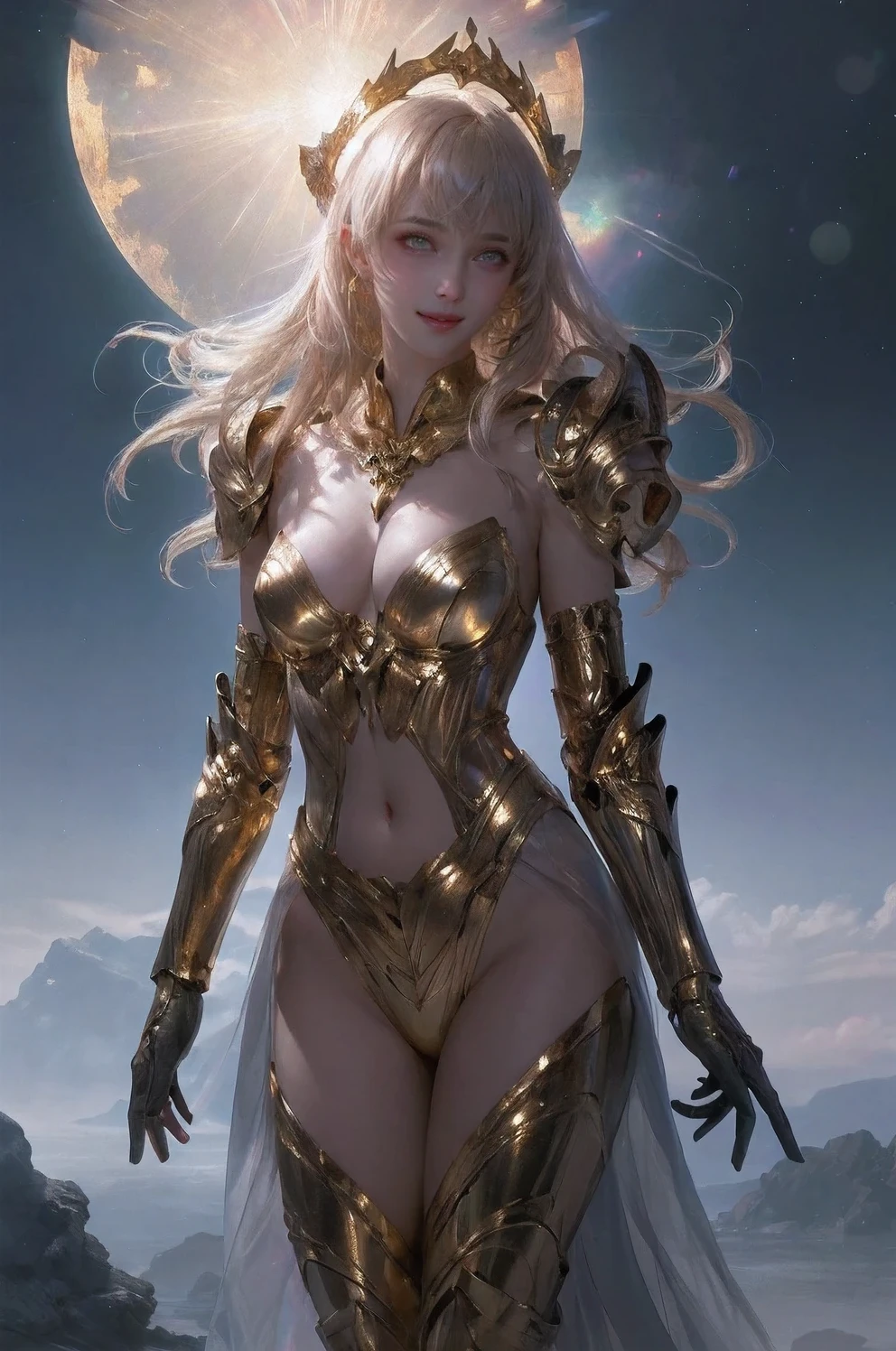 Super high saturation，（masterpiece）， full-body shot，（best quality）， （1 girl）， starry sky background，Wearing shining golden armor， Sexy lingerie type armor，show your breasts，Expose the waistline，Showing thighs，cool pose， Saint Seiya Armor， messy hair，high detail, anime style, movie lighting, spark, divine light, Ray tracing, film grain, Ultra high quality, textured skin, Super details, anatomically correct, high resolution，Super high saturation，high contrast，High-gloss armor，smooth skin，Serious expression,darkroom,