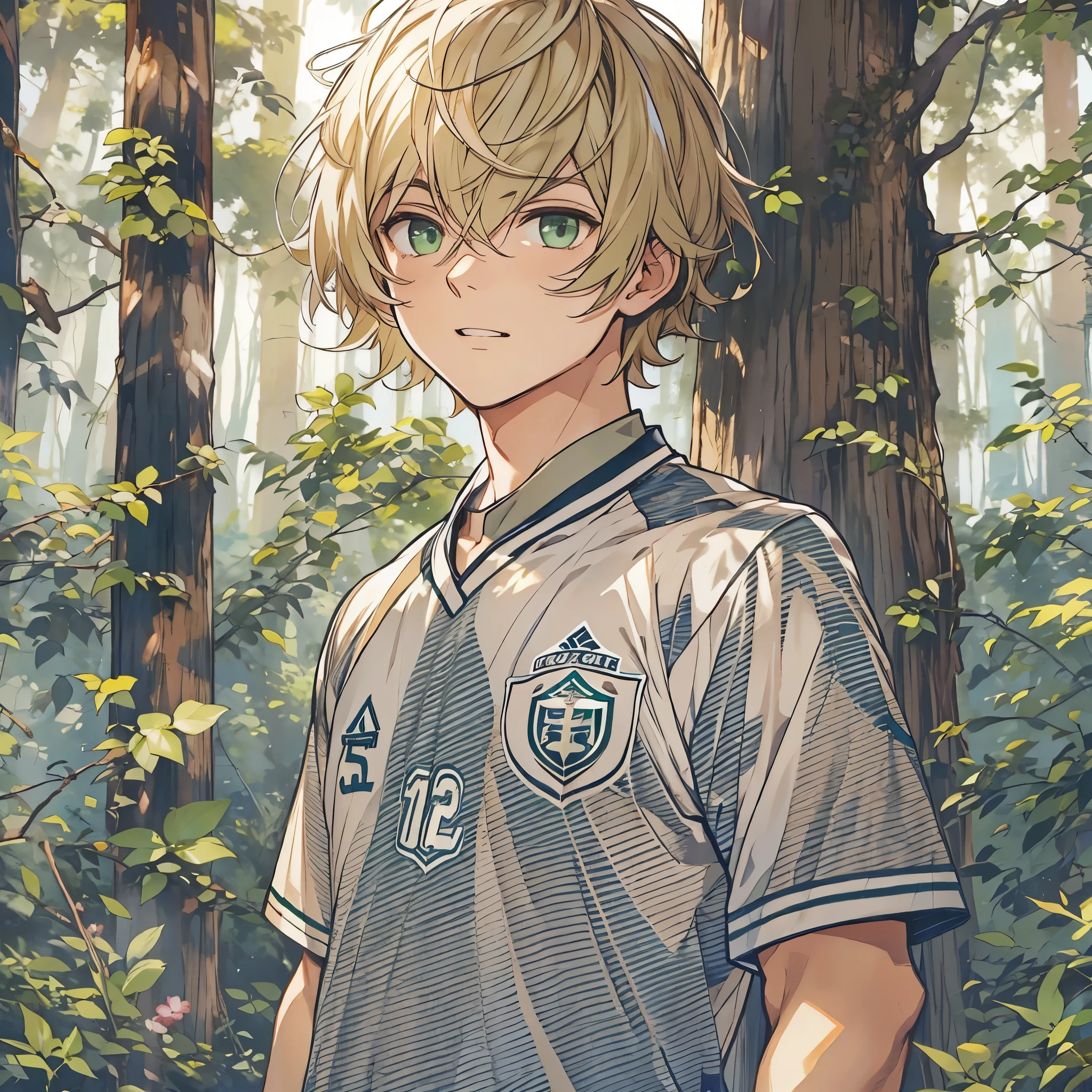 1boy, masculino, soccer uniform , green eyes , inside the forest