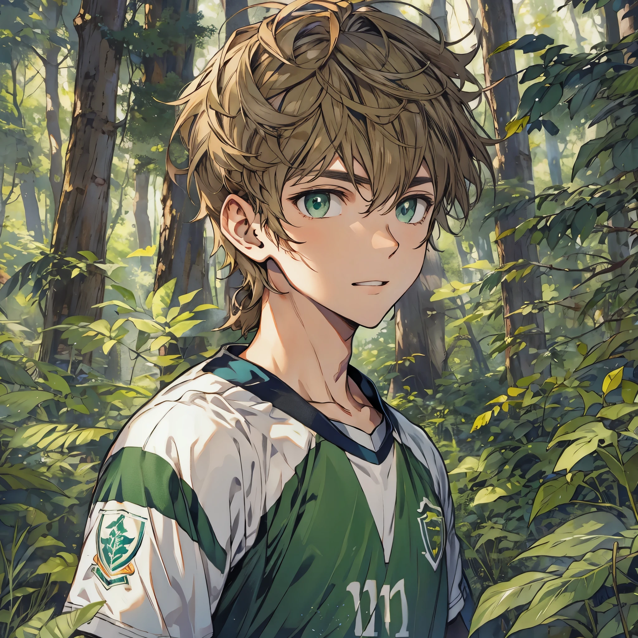 1boy, masculino, soccer uniform , green eyes , inside the forest, wild, forest