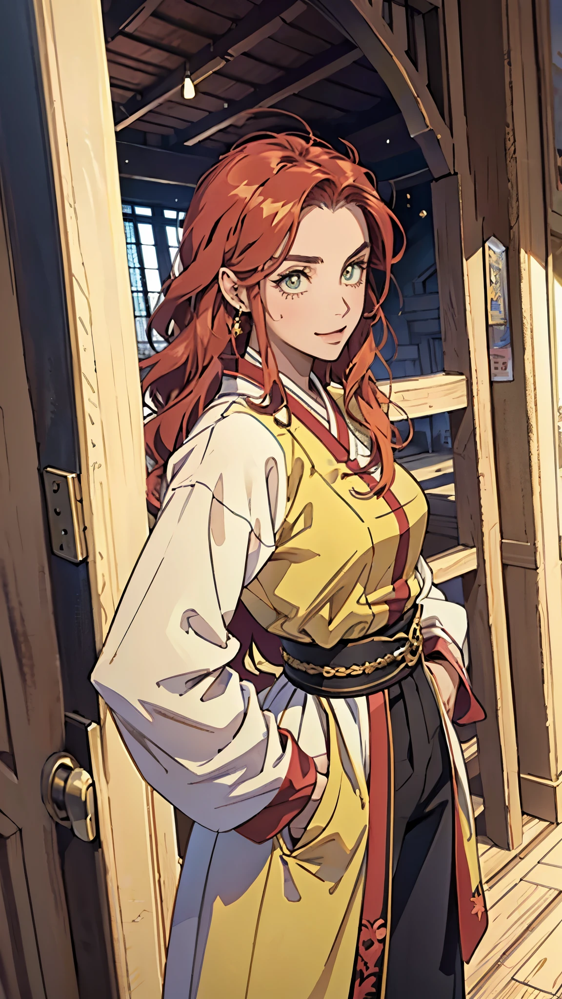 ((A girl with long deep red wavy hair)), slender upturned eyebrows, sharp eyes, delicate features, ((a mix of Central Asian and European facial characteristics)), a hint of a smile at the corner of her mouth, exuding confidence, her figure is svelte, ((a fantasy-style long dress designed for both ease of movement and regal elegance, loose and comfortable trousers that match the outfit for ease of movement, red and white as the main color, complemented by yellow accents)), proudly standing with hands on hips, the scene is set in a majestic fantasy-style ancient city that melds Chinese and Japanese architectural influences, this character embodies a finely crafted fantasy wuxia-style female warrior in anime style, exquisite and mature manga art style, perfect nose, perfect mouth, perfect eyes, perfect hair, Perfect skin, textured skin, detailed skin, porcelain skin, high definition, best quality, highres, ultra-detailed, ultra-fine painting, extremely delicate, professional, anatomically correct, symmetrical face, extremely detailed eyes and face, high quality eyes, creativity, RAW photo, UHD, 32k, Natural light, cinematic lighting, masterpiece--perfect, masterpiece:1.5