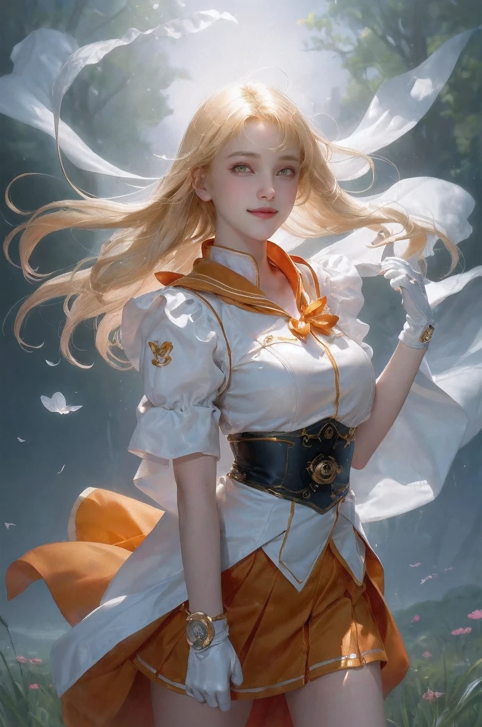 masterpiece, top quality, high resolution, SV1, Sailor Soldier Uniform, a blonde, orangeskirt, Wear gloves at the elbows,elbow woods, tiao, Orange sailor collar, Sailor Venus, orange collar, White gloves, jewelry,一個Smile, Minako Aino,, The skirt is torn, Everlasting, White tights,, Gorgeous fabrics, leather texture, Smile, movie shot, beautiful atmosphere, depth of field, 漫畫Wind格, watercolor style, strike, Wind, wind lift, shiny hair,