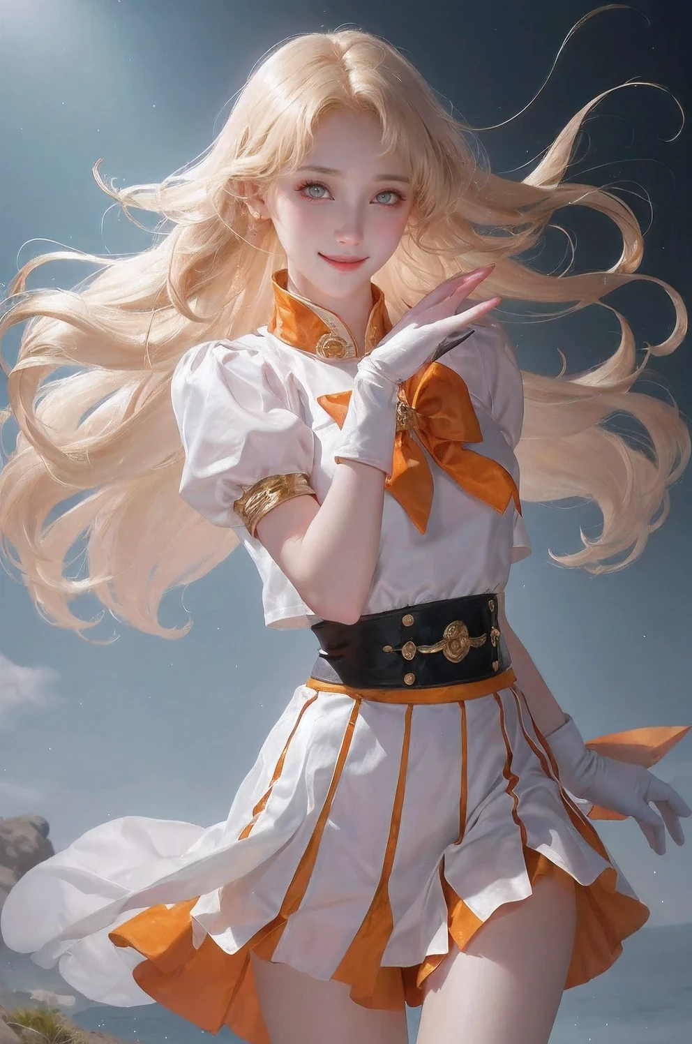 masterpiece, top quality, high resolution, SV1, Sailor Soldier Uniform, a blonde, orangeskirt, Wear gloves at the elbows,elbow woods, tiao, Orange sailor collar, Sailor Venus, orange collar, White gloves, jewelry,一個Smile, Minako Aino,, The skirt is torn, Everlasting, White tights,, Gorgeous fabrics, leather texture, Smile, movie shot, beautiful atmosphere, depth of field, 漫畫Wind格, watercolor style, strike, Wind, wind lift, shiny hair,