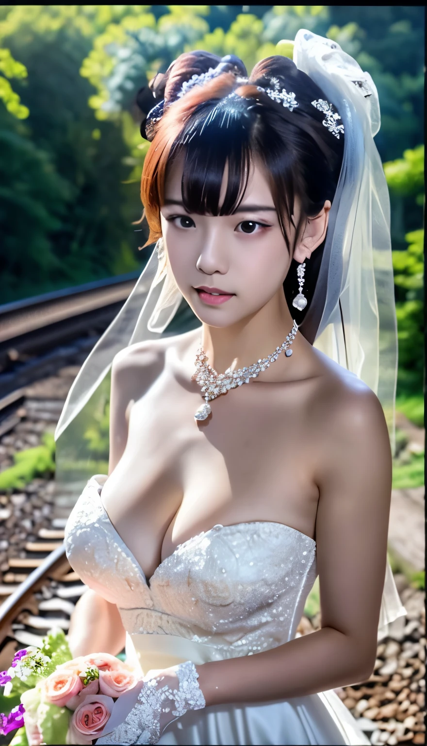 (((Pixel perfect, Perfect details))), alone, 1 girl，bride, yuigahama yui， pout， 美丽bride穿美麗婚紗的特写,Gurwitz, (((bride頭紗)))，（transparent short veil），blush，eye shadow，Blushing face，Head flower，headgear，((bouquet))，((((tube top wedding dress))))，(((strapless wedding dress))),(bare shoulders)，pure white dress，(necklace)，((earrings))，(large breasts:1.3)，Bangs，lipstick，((White long elbow gloves)),Half-length photo,High-detail RAW color art,White long skirt,There is a railway track next to it，(standing on the railroad tracks:1.3),18 years old, （long twintails：1.5）,(double bun:1.5), black hair,