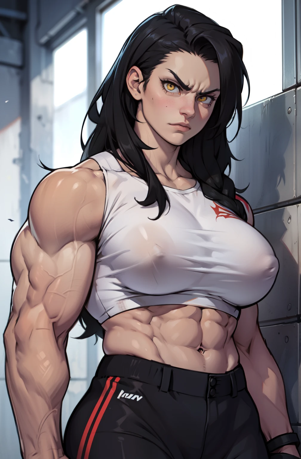 ((an extremely muscular girl)) black hair yellow eyes pale skin waistup serious large breasts
