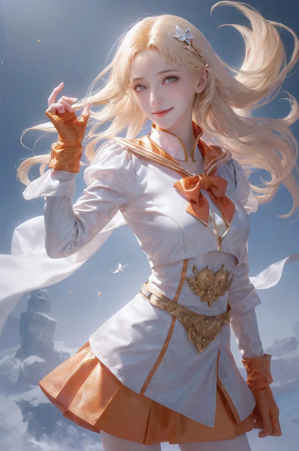 masterpiece, top quality, high resolution, SV1, Sailor Soldier Uniform, a blonde, orangeskirt, Wear gloves at the elbows,elbow woods, tiao, Orange sailor collar, Sailor Venus, orange collar, White gloves, jewelry,一個Smile, Minako Aino,, The skirt is torn, Everlasting, White tights,, Gorgeous fabrics, leather texture, Smile, movie shot, beautiful atmosphere, depth of field, 漫畫Wind格, watercolor style, strike, Wind, wind lift, shiny hair,