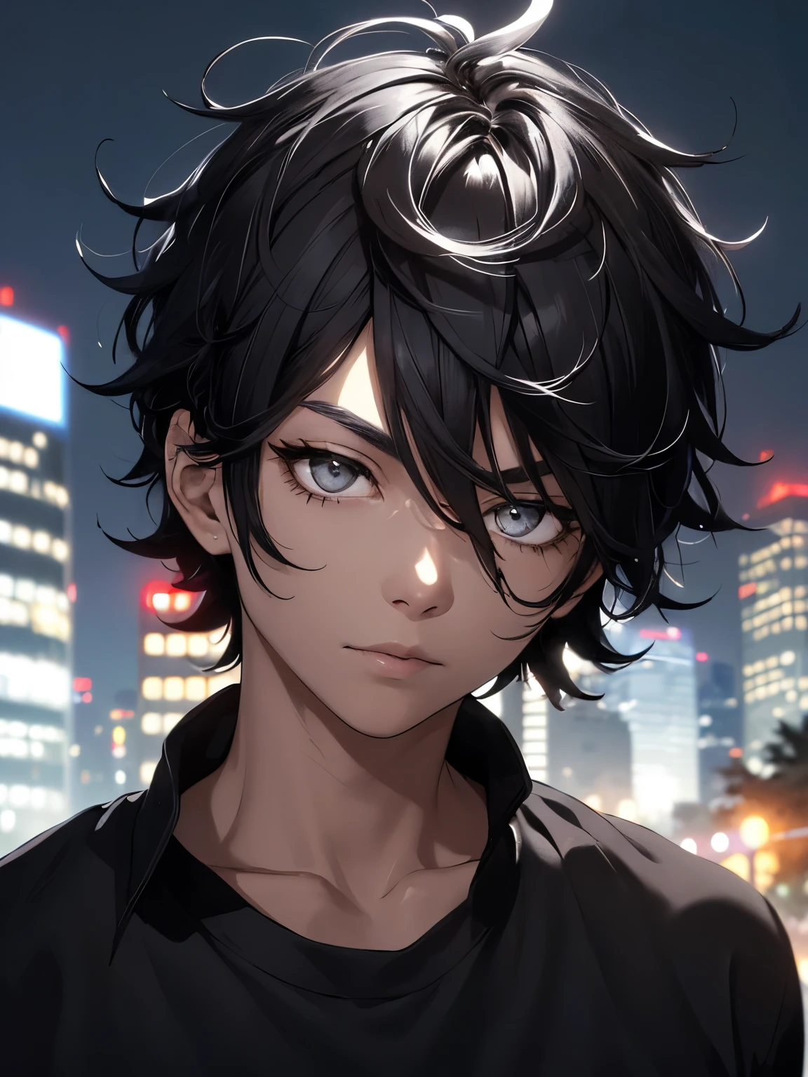 Man, ((black hair)), ((messy hair)), short hair, ((silver eyes)), seriously face, black shirt, night city in background, light brown skin