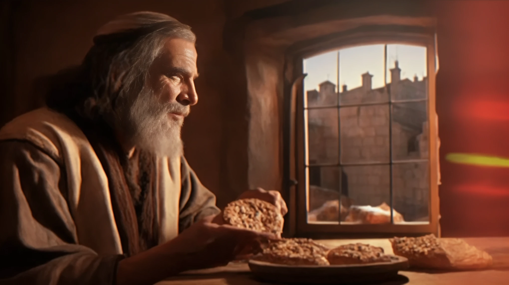 um homem sentado a uma mesa com um prato de comida na frente dele, Nicodemos, Bread, captura de tela do filme, breads, filme ainda, o deus da aveia, by Jason Felix, por Scott M. Fischer, miniatura do youtube, Ancient Biblical, Mais velho, por Edwin Georgi, filme muito realista ainda, cinematic widescreen filming, old testament