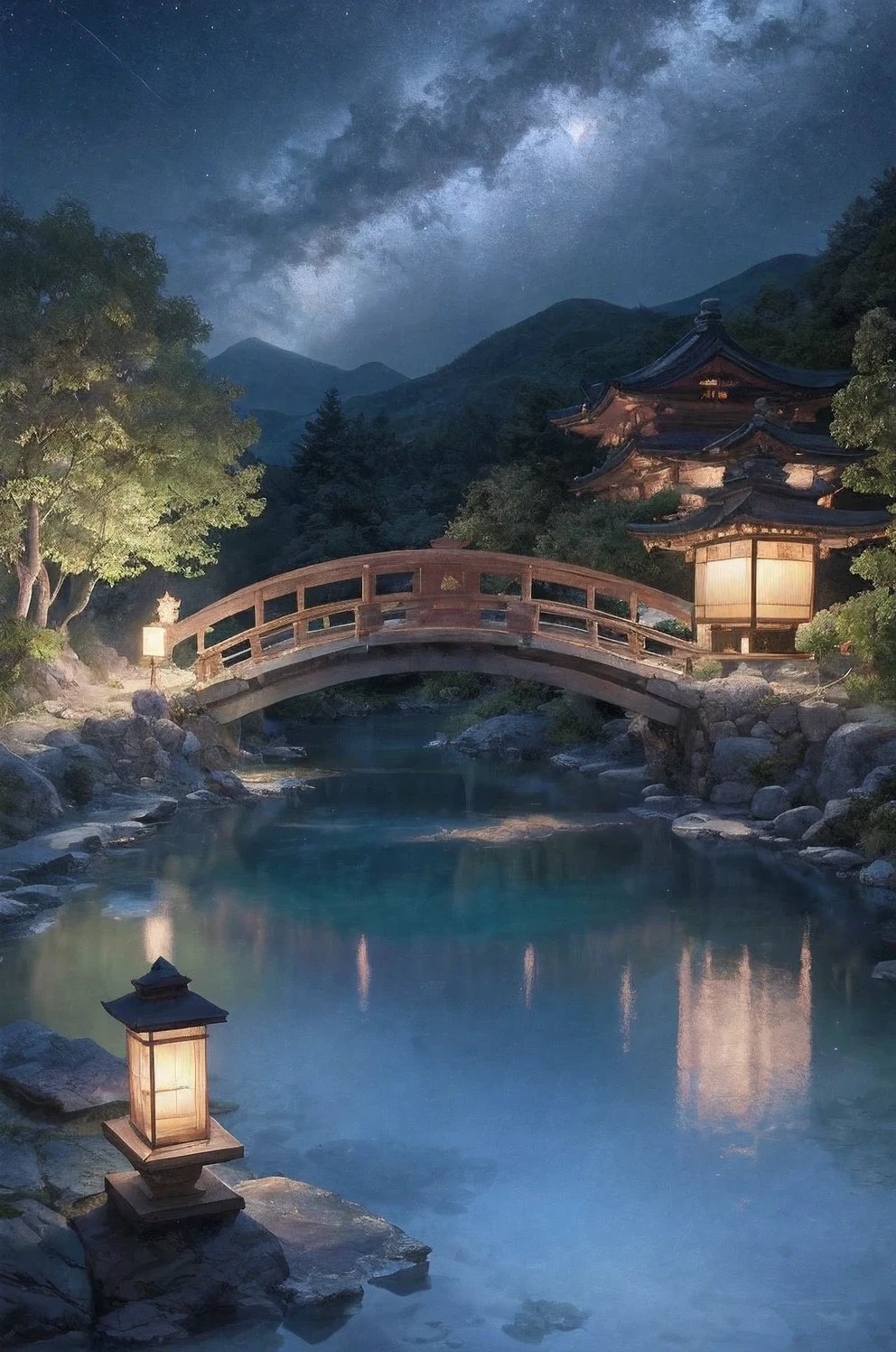 Night view inspired by Japanese art, There's a garden lit by paper lanterns and a wooden bridge across a tranquil lake. Starry sky reflected in water, Create a magical environment. on the lake shore, A small Zen temple illuminated by candles, A place where people come to meditate. The leaves sway gently in the wind, Create a calm and peaceful atmosphere.
