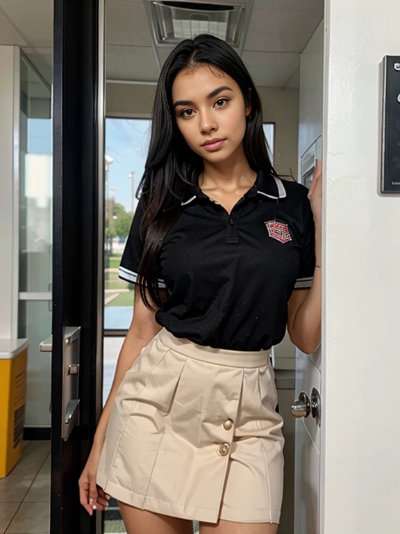 detailed skin, detailed face, detailed eyes, textured skins, cinematic composition, detailed background:1.2 ), BIBC, (extremely beautiful face, cute face, attractive feminine body,  expression), black hair woman standing in front door opened, a hyperrealistic office girl, cute , high school uniform, sat at her desk, wearing school uniform, blonde, beautiful black hair female, wearing school uniform, on front door
