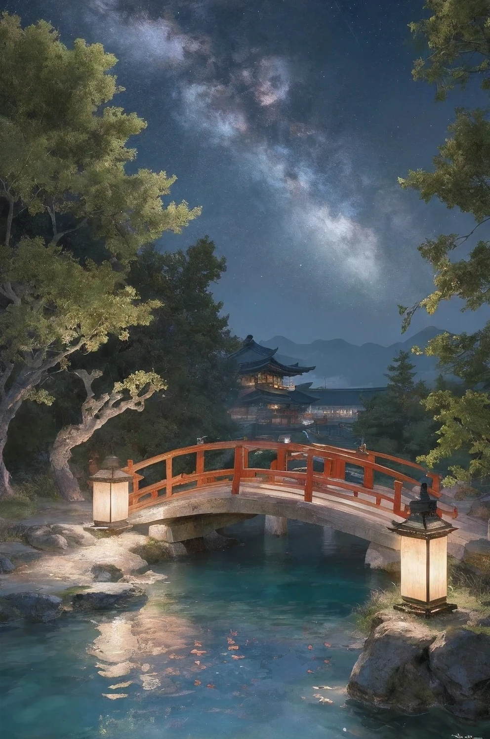 Night view inspired by Japanese art, There's a garden lit by paper lanterns and a wooden bridge across a tranquil lake. Starry sky reflected in water, Create a magical environment. on the lake shore, A small Zen temple illuminated by candles, A place where people come to meditate. The leaves sway gently in the wind, Create a calm and peaceful atmosphere.