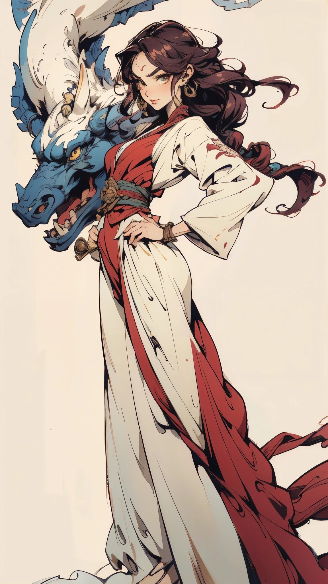 ((A girl with long deep red wavy hair)), slender upturned eyebrows, sharp eyes, delicate features, ((a mix of Central Asian and European facial characteristics)), a hint of a smile at the corner of her mouth, exuding confidence, her figure is svelte, ((a fantasy-style long dress designed for both ease of movement and regal elegance, loose and comfortable trousers that match the outfit for ease of movement, red and white as the main color, complemented by yellow accents)), proudly standing with hands on hips, the scene is set in a majestic fantasy-style ancient city that melds Chinese and Japanese architectural influences, this character embodies a finely crafted fantasy martial arts-style female warrior in anime style, exquisite and mature manga art style, perfect nose, perfect mouth, perfect eyes, perfect hair, Perfect skin, textured skin, detailed skin, porcelain skin, high definition, best quality, highres, ultra-detailed, ultra-fine painting, extremely delicate, professional, anatomically correct, symmetrical face, extremely detailed eyes and face, high quality eyes, creativity, RAW photo, UHD, 32k, Natural light, cinematic lighting, masterpiece-anatomy-perfect, masterpiece:1.5