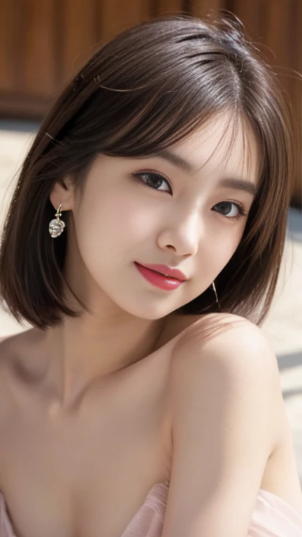 1 female,18-year-old,(numerical portrait:Mayu Yokota, Yuko Araki),black eye,beautiful face,(thin skeletal surface+delicate features、),highly detailed face,(delicate Japanese makeup), black eyelash curls for long hair,(messy and layered, by bangs), smile,Please look into the camera,fair and smooth skin,(optimal skin type:1.21),The beauty of slim abs, no makeup, (natural skin), Feminine adult loose short bob, beautiful small face, realistic face, Beautiful actress's natural makeup, Slit eyes that suck you in, Plumpy glossy red lips, flushed cheeks, earrings, double eyelid, beautiful thin eyebrows, perfectly naked, small bowl-shaped breasts, small upturned pink areola, plump and beautiful butt, Manicured pubic hair, white sand beach、look forward、A face that feels with its mouth half open, Stunning full body shot from the front, look at the viewer with a fascinated expression、dynamic lighting