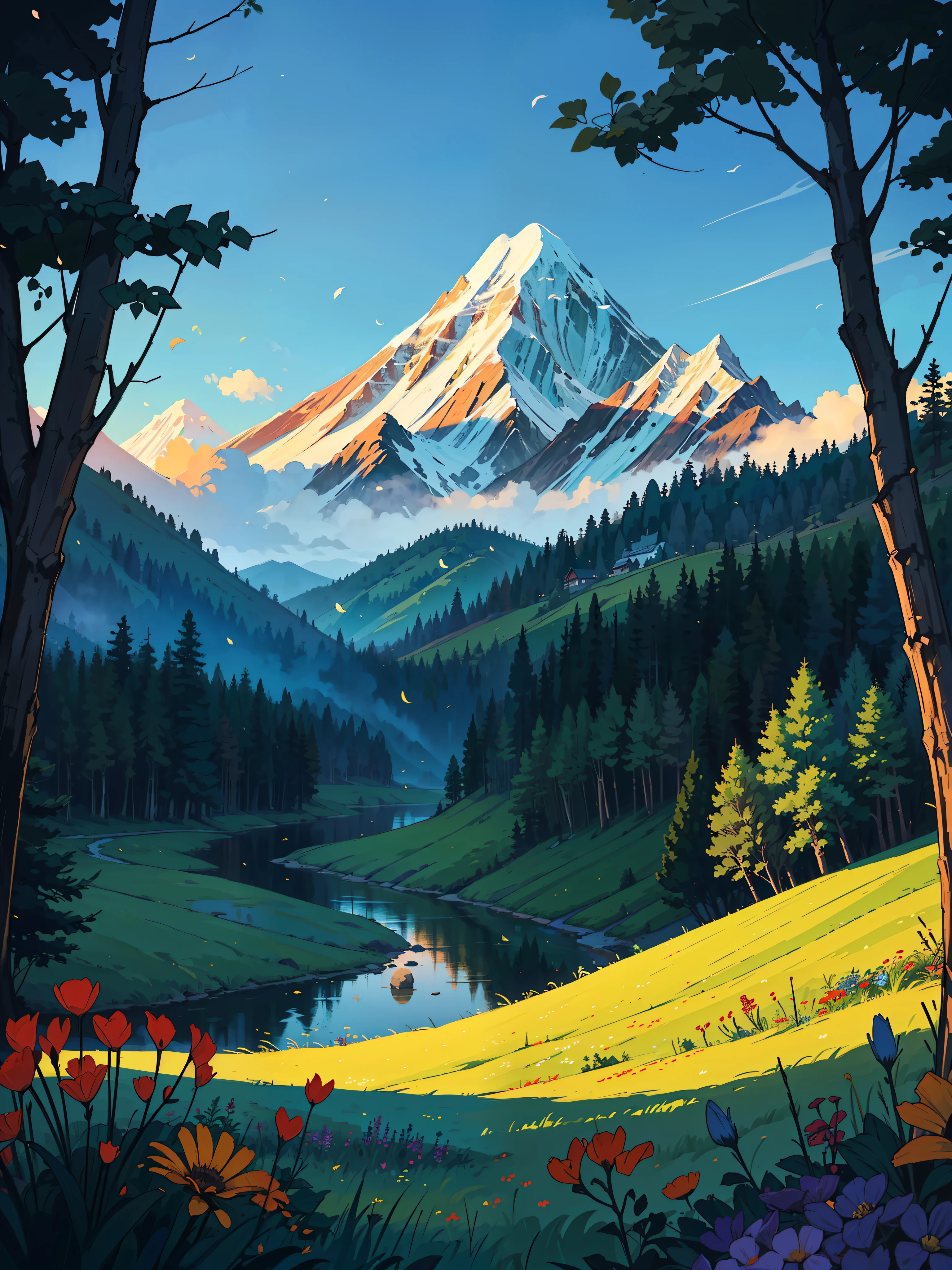 (masterpiece:1), (full view:1.7), (a beautiful Irish village located in the Himalayan valley:1.6), (lo-fi environment:1.3), (towering mountains:1.4), (wild plants:1.3), silence, (cloudy sky:1.4), (soft dull glow of green and blue tones:1.6), magnificent sky, (Dim volumetric light:1.2), peaceful, (smoke from chimneys:1.4), (nature:1.3), (rice fields:1.3), (wildflowers hidden between long grass:1.4), (beautiful aesthetics:1.2), (Butea monosperma trees:1.4), beautiful tones, subtle colors, peaceful, (illustration: 1.0), epic composition, realistic lighting, (no human:1.6), HD details, masterpiece, best quality, ,