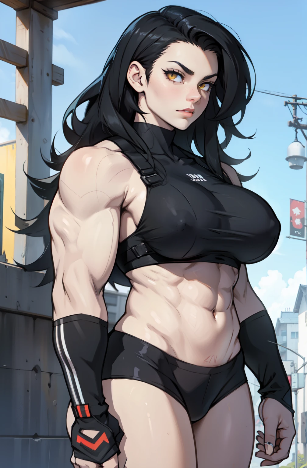 (an extremely muscular girl) black hair yellow eyes pale skin large breasts