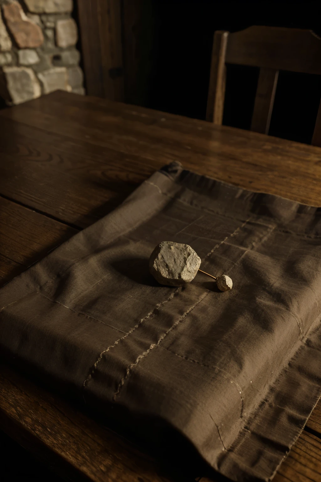 Ultra realistic rendering. Piece of old medieval cloth open on the table with a small smooth stone on the cloth.