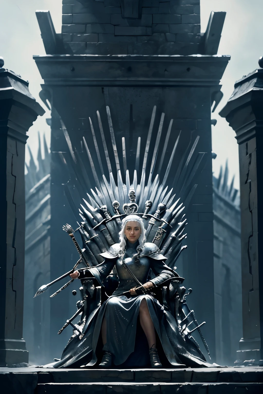 Queen. Silver crown. Sits on a game of thrones throne.the iron throne in kings landing from game of thrones by artist craig mullins,!! super detailed!! trending on artstation. white-haired. Dark hall.