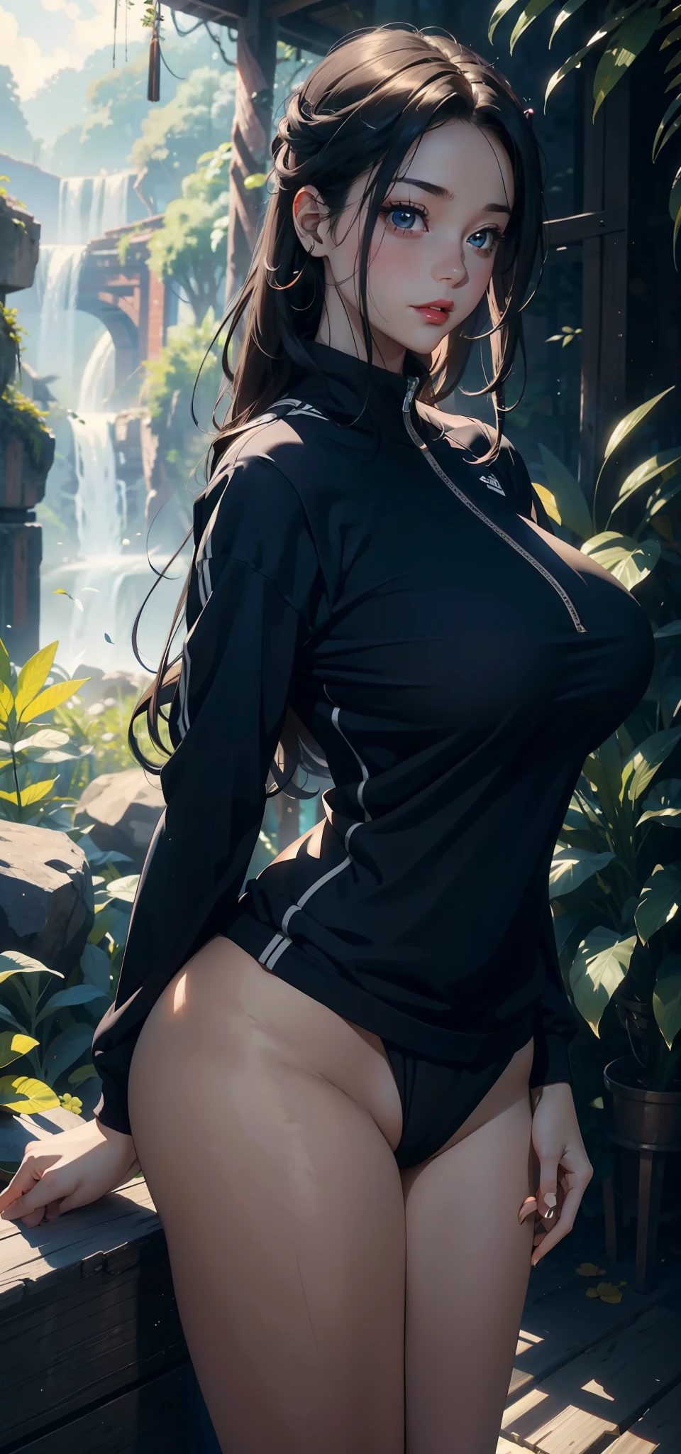 1 female，45 years old，married woman，，big g leges，Big breasts and， 照片曝Light， alone，（background with：in the woods，rainforest，In the summer） 她有长long黑发，red lips，Stand deep in the woods，Look at it from the front， straight hair，long, flowing hair， The sky is mostly cloudy，（（（masterpiece），（Very detailed CG unified 8k wallpaper），best quality，Light，Detailed background，beautiful eyes，bright pupils，（Very delicate and beautiful），（Beautiful and detailed eye descriptions），super detailed，masterpiece，）），face camera，high resolution，super detailed），nude，a little fat， camel tigh school student（k track suit，sexy shorts，nude）