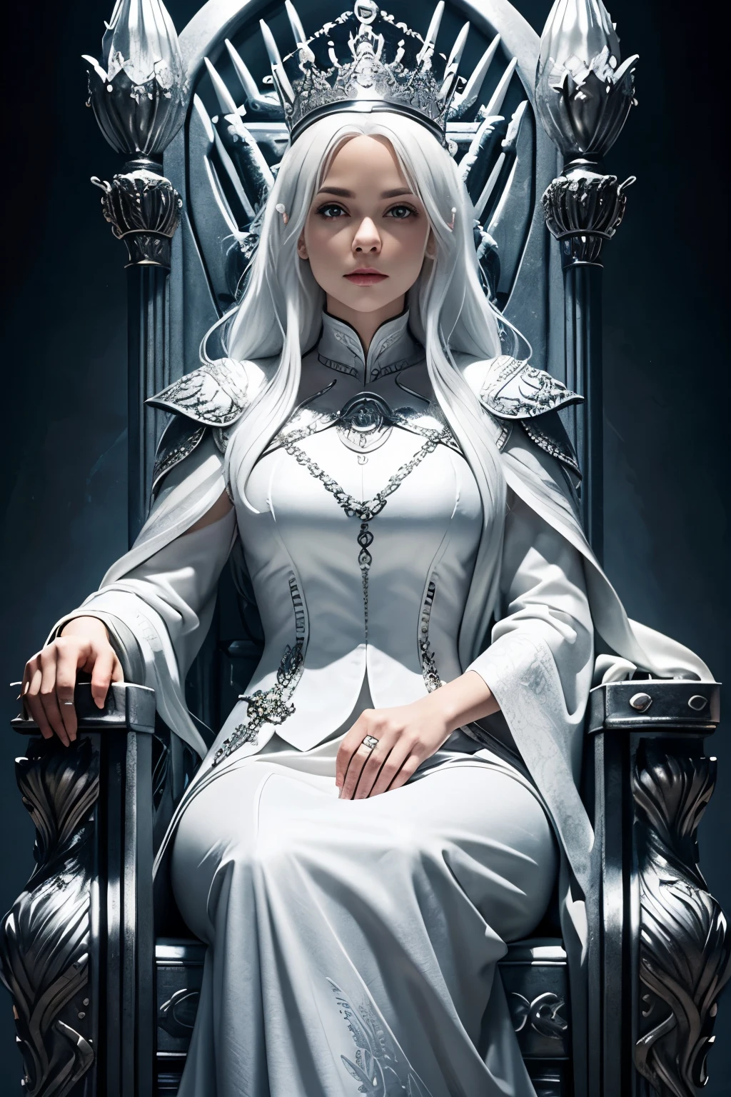 White hair Queen. Silver crown. Sitting  on a iron throne. Dark hall.