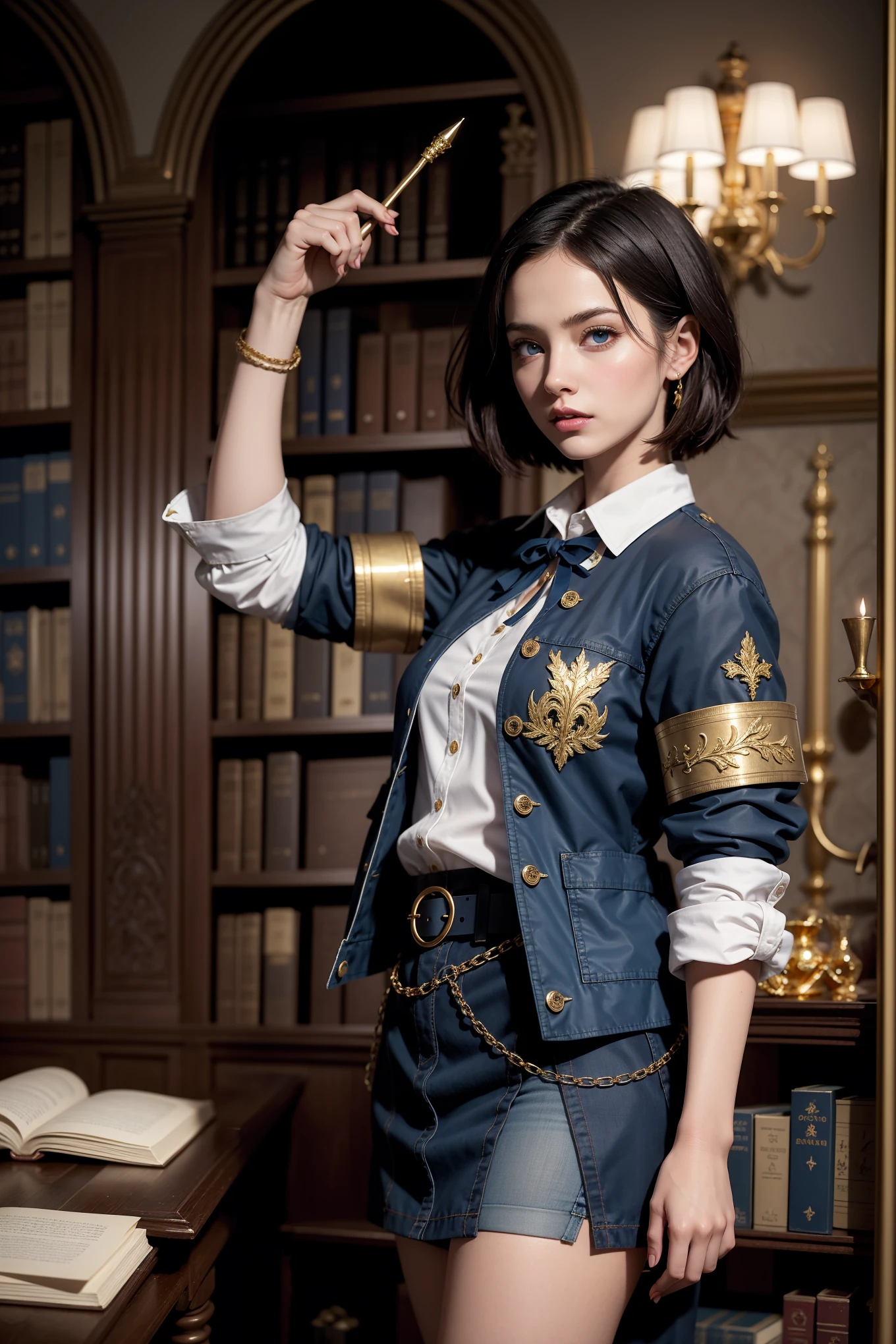 ((photorealism, high quality, detail, masterpiece, best quality:1.2)), (more than half of the body) A young beautiful girl (25 years old) (slender figure) from a fictional European medieval aristocracy, a student of the Academy of Magic, looks at us with angry eyes ... (she stands half-turned, hand raised), dressed in a student uniform, (dark blue) short jacket made of fabric ((gold trim, patch on the sleeve)), (blue) skirt, belt, white shirt, (black) (short hair)), blue eyes. Magical atmosphere, Magic Academy, ancient library, fantasy art, this work is done in very realistic colors.She is characterized by artistic expressiveness.