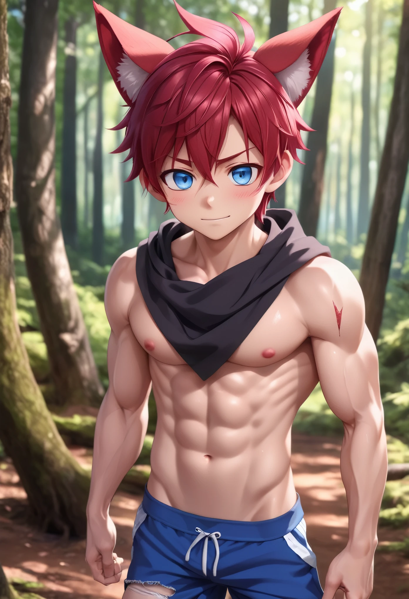 1boy, aki, crimson hair, crimson animal ears, masterpiece, ultra detail, forest, blue eyes, ripped abs, chiseled abs, chiseled pecs