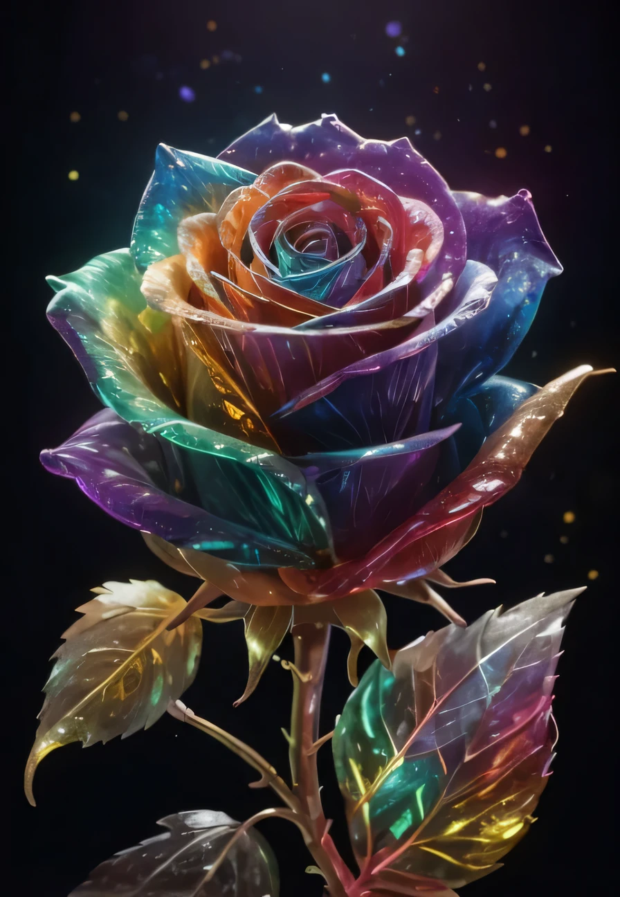 a crystal rainbow rose, dark background, rose with a lot of lights on it, magical flower, colorful hd picure, rainbow gradient bloom, beautiful, rich colors, digital art, gorgeous, fantasy art, high detailed, amazing, 8k, high quality, masterpiece,