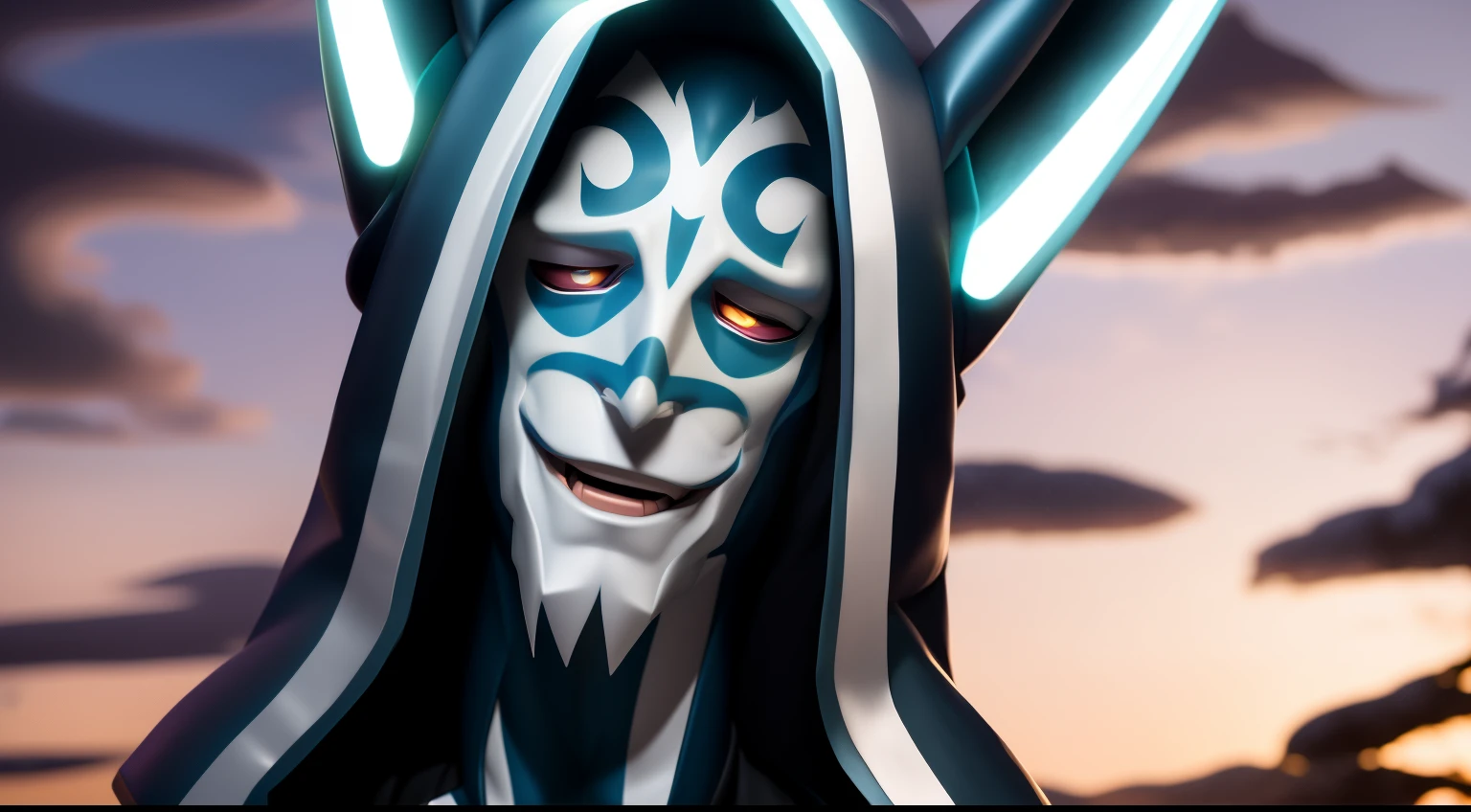 a close up of a cartoon character with a hood on, this character has cryokinesis, nefarious smirk, beautiful male god of death, karthus from league of legends, joker looks like naruto, transforming into his final form, giddy smirk, as an atlantean, gurren lagan, classic kabuki, hades, koda kazuma