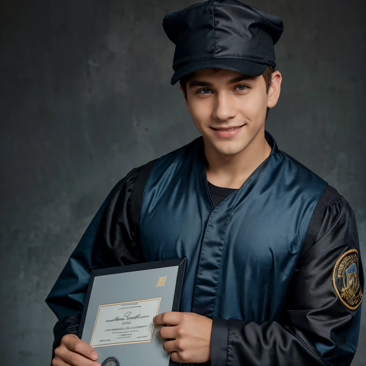 A boy with hazel eyes and brown fluffy hair on top with short hair on the sides is holding a diploma and is wearing a black cap and gown he is smiling and the background is shades of blue and grey