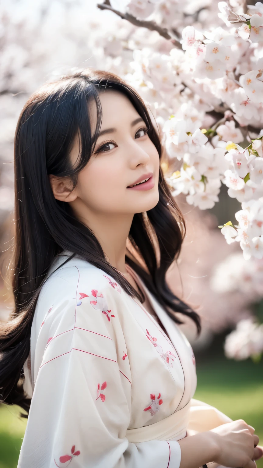 (logo、masterpiece、8k、table top、RAW photo、wonderful、最high quality、Photorealistic and hvery detailed CG integrated 8k wallpaper、high quality、very detailed、Narrative poem、particle effects、dynamic effects、written boundary depth、cinematic light、Lens flare、ray tracing)、fantasy、 (1 beautiful woman、white kimono、Japan Dress、white cherry blossom pattern、White cherry blossom embroidery pattern、black haired、beautiful face、real face、beautiful details eyes beautiful skin)、Hair flutters in Wind、hair bounces、pink cherry tree、petals dance、SakuraFubuki、wonderful景色、sunrise、sun on background、Wind、god々、teeth、god話、vast land