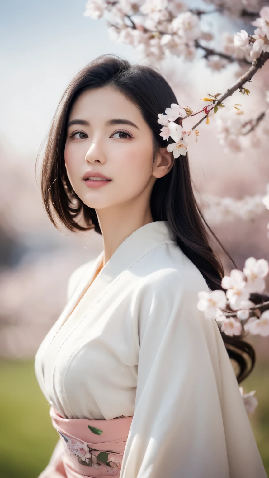 (logo、masterpiece、8k、table top、RAW photo、wonderful、最high quality、Photorealistic and hvery detailed CG integrated 8k wallpaper、high quality、very detailed、Narrative poem、particle effects、dynamic effects、written boundary depth、cinematic light、Lens flare、ray tracing)、fantasy、 (1 beautiful woman、white kimono、Japan Dress、white cherry blossom pattern、White cherry blossom embroidery pattern、black haired、beautiful face、real face、beautiful details eyes beautiful skin)、Hair flutters in Wind、hair bounces、pink cherry tree、petals dance、SakuraFubuki、wonderful景色、sunrise、sun on background、Wind、god々、teeth、god話、vast land