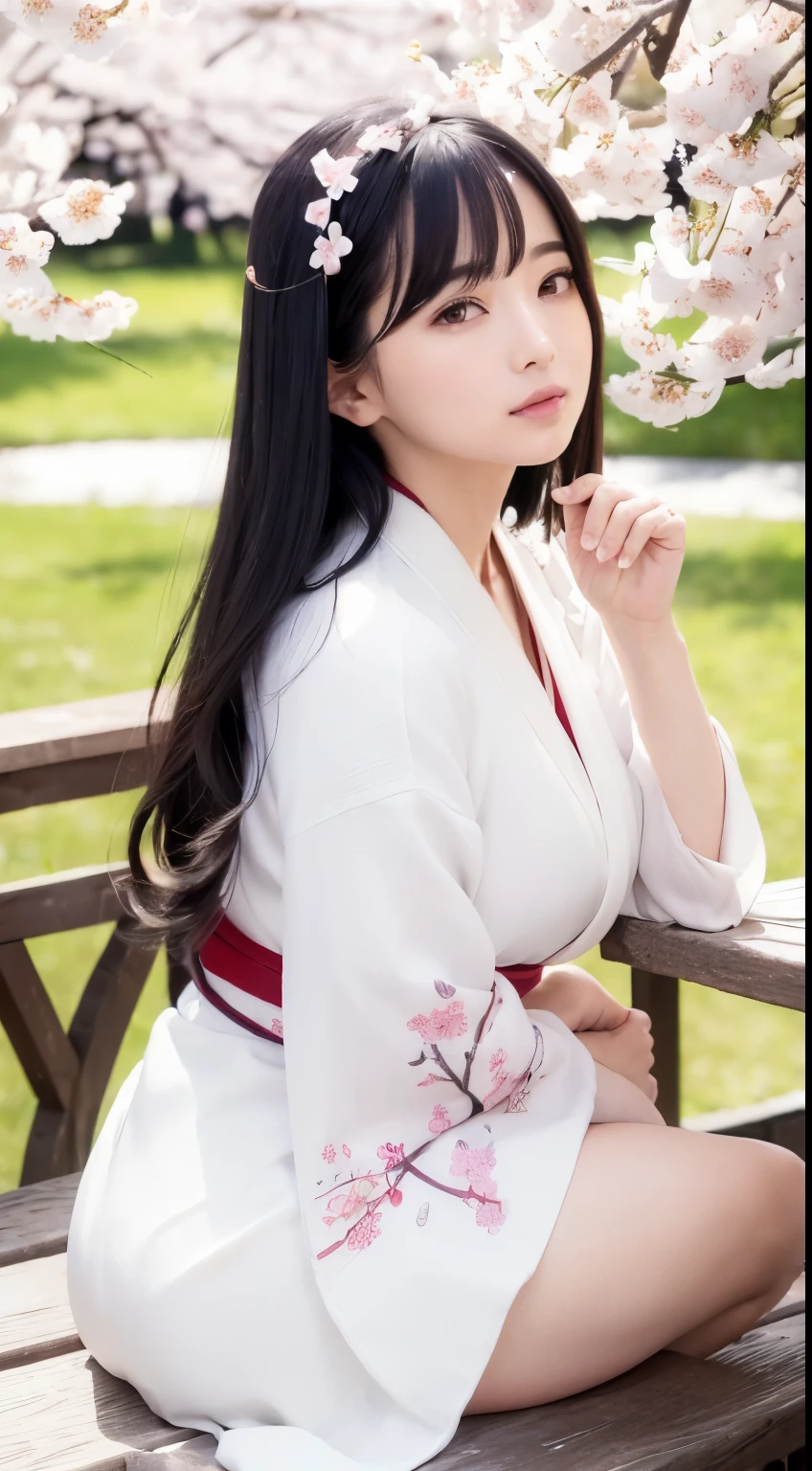 (logo、masterpiece、8k、table top、RAW photo、wonderful、最high quality、Photorealistic and hvery detailed CG integrated 8k wallpaper、high quality、very detailed、Narrative poem、particle effects、dynamic effects、written boundary depth、cinematic light、Lens flare、ray tracing)、fantasy、 (1 beautiful woman、white kimono、Japan Dress、white cherry blossom pattern、White cherry blossom embroidery pattern、black haired、beautiful face、real face、beautiful details eyes beautiful skin)、Hair flutters in Wind、hair bounces、pink cherry tree、petals dance、SakuraFubuki、wonderful景色、sunrise、sun on background、Wind、god々、teeth、god話、vast land