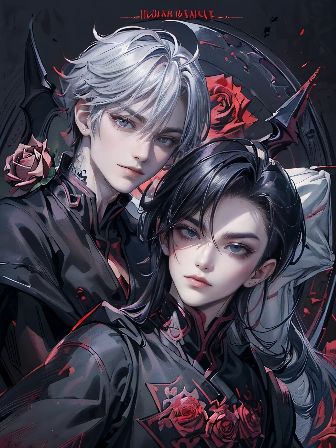 ((4K masterpiece、（top quality)、((high image quality))、((One handsome male vampire))、slender body、((Fashion for a black T-shirt with a vampire))、(detailed beautiful eyes)、((Red roses and crows on a fantastic black background))、Inside the Evil Castle、((The face is similar to Chaewon in Ruseraphim..))、((short hair))、((bright silver hair))、((Smaller face))、((Neutral person))、((Red eyes))、((Korean))、((18 year old))、((wild boy))、((Show your teeth and smile))、((Korean makeup with black eyeshadow))、((elongated and sharp eyes))、(((Shot Alone)))、((Vampires))、Vampire Photos、the villain、Dark Proof、((Shot diagonally from the side))、Vampire pose