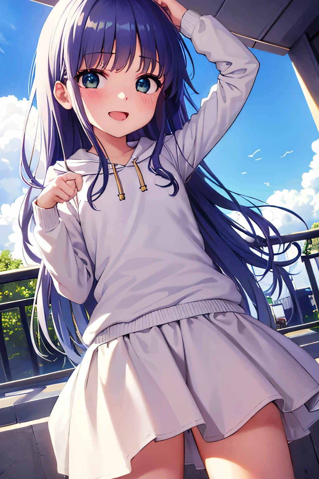 Cabello largo plateado, ojos verdes, headband, hoodie, skirt, flat breast, sonrisa, happy, muslos hermosos, city river, sky blue, deshabitado