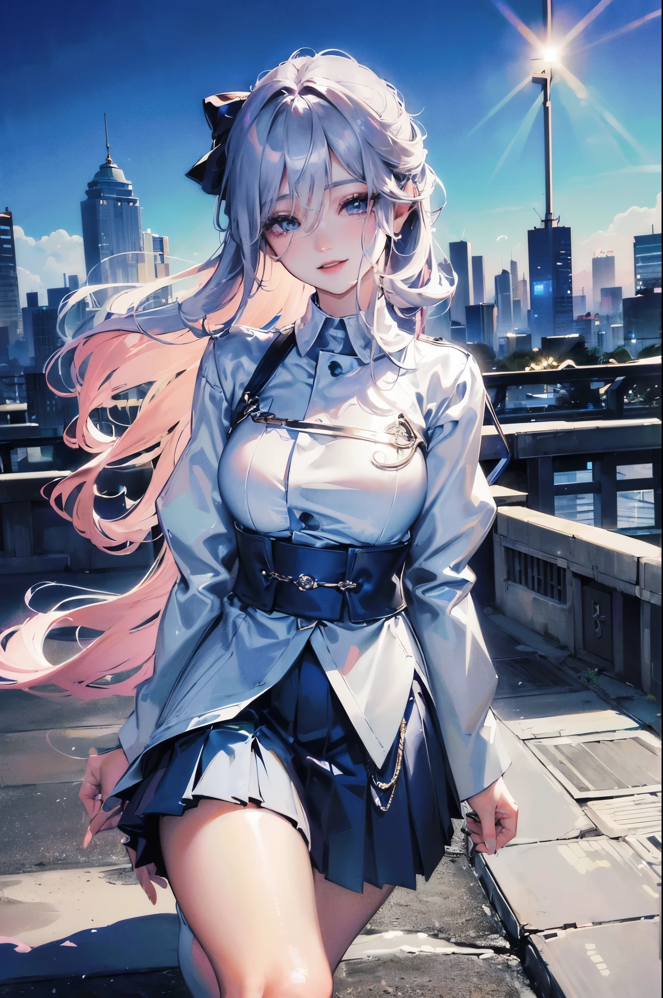 official art, masterpiece, sharp focus, (Beautiful gorgeous cute korean woman:1.3), (Beautiful and cute Korean:1.3), korean beauty, Delicate and beautiful hair, eyes and face, realistic, super detailed, beautiful girl, blue sky, white glowing particles, (side light:1.2), Light of the sun, White cloud, detailed clouds, thin, nice very big breasts and very big hips, smile showing teeth, ((smile with eyes, open both eyes)), scenery, long straight hair, sexy look, building, (cityscape:1.7), dynamic hair, long straight hair, fine platinum pink hair, blue glowing eyes, (blue pleated skirt+ white shirt), white long socks, white skin, hair ornaments, epic scenery,