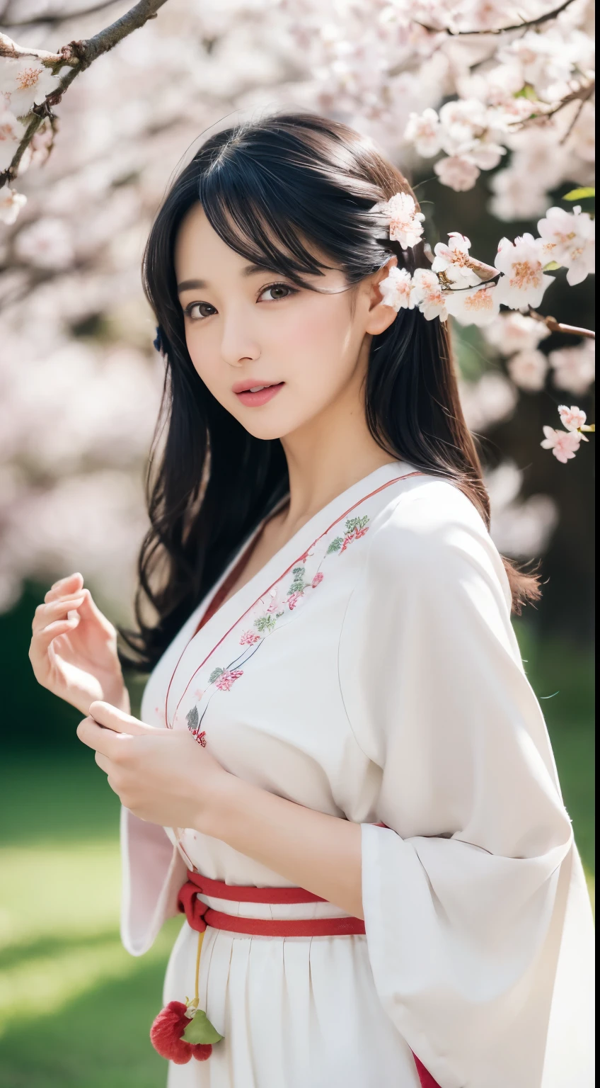 (logo、masterpiece、8k、table top、RAW photo、wonderful、最high quality、Photorealistic and hvery detailed CG integrated 8k wallpaper、high quality、very detailed、Narrative poem、particle effects、dynamic effects、written boundary depth、cinematic light、Lens flare、ray tracing)、fantasy、 (1 beautiful woman、white kimono、Japan Dress、white cherry blossom pattern、White cherry blossom embroidery pattern、black haired、beautiful face、real face、beautiful details eyes beautiful skin)、Hair flutters in Wind、hair bounces、pink cherry tree、petals dance、SakuraFubuki、wonderful景色、sunrise、sun on background、Wind、god々、teeth、god話、vast land