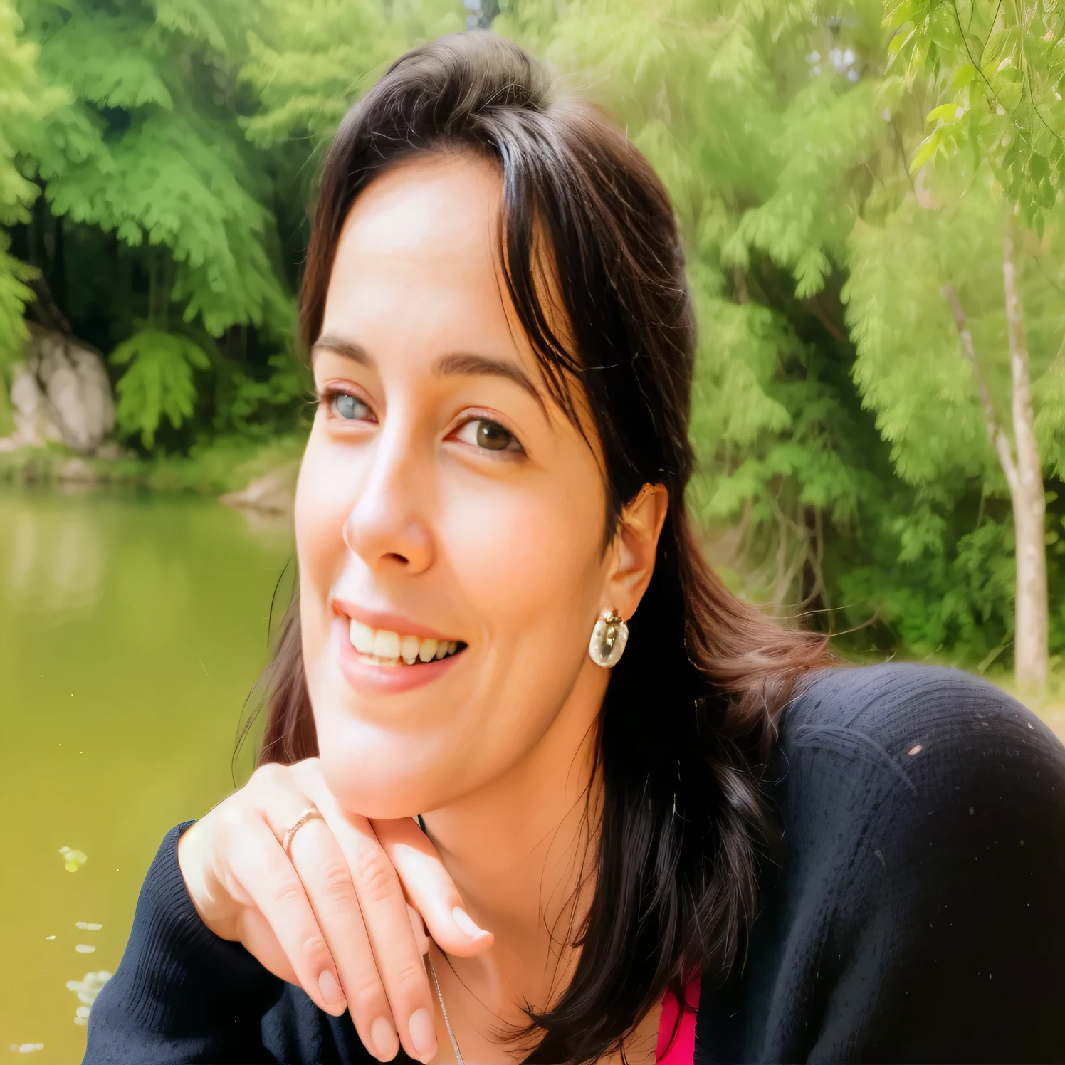 smiling woman with hand on chin near a lake with trees, magalie villeneuve, sandra chevier, virginie ropars, véronique meignaud, fernanda suarez, by Nándor Katona, photo of jessica devic, carola rubio, meni chatzipanagiotou, diane ramic
