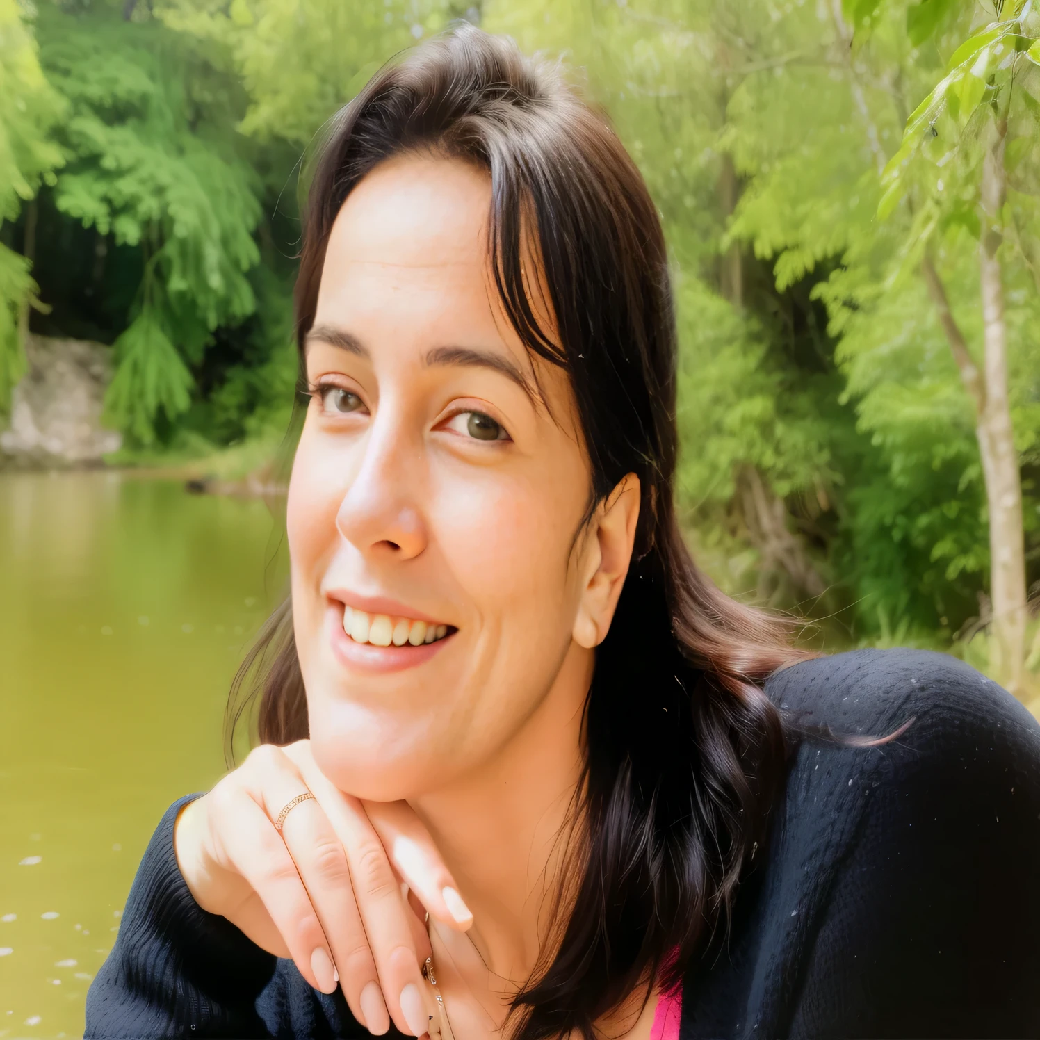 smiling woman with hand on chin near a lake with trees, magalie villeneuve, sandra chevier, virginie ropars, véronique meignaud, fernanda suarez, by Nándor Katona, photo of jessica devic, carola rubio, meni chatzipanagiotou, diane ramic