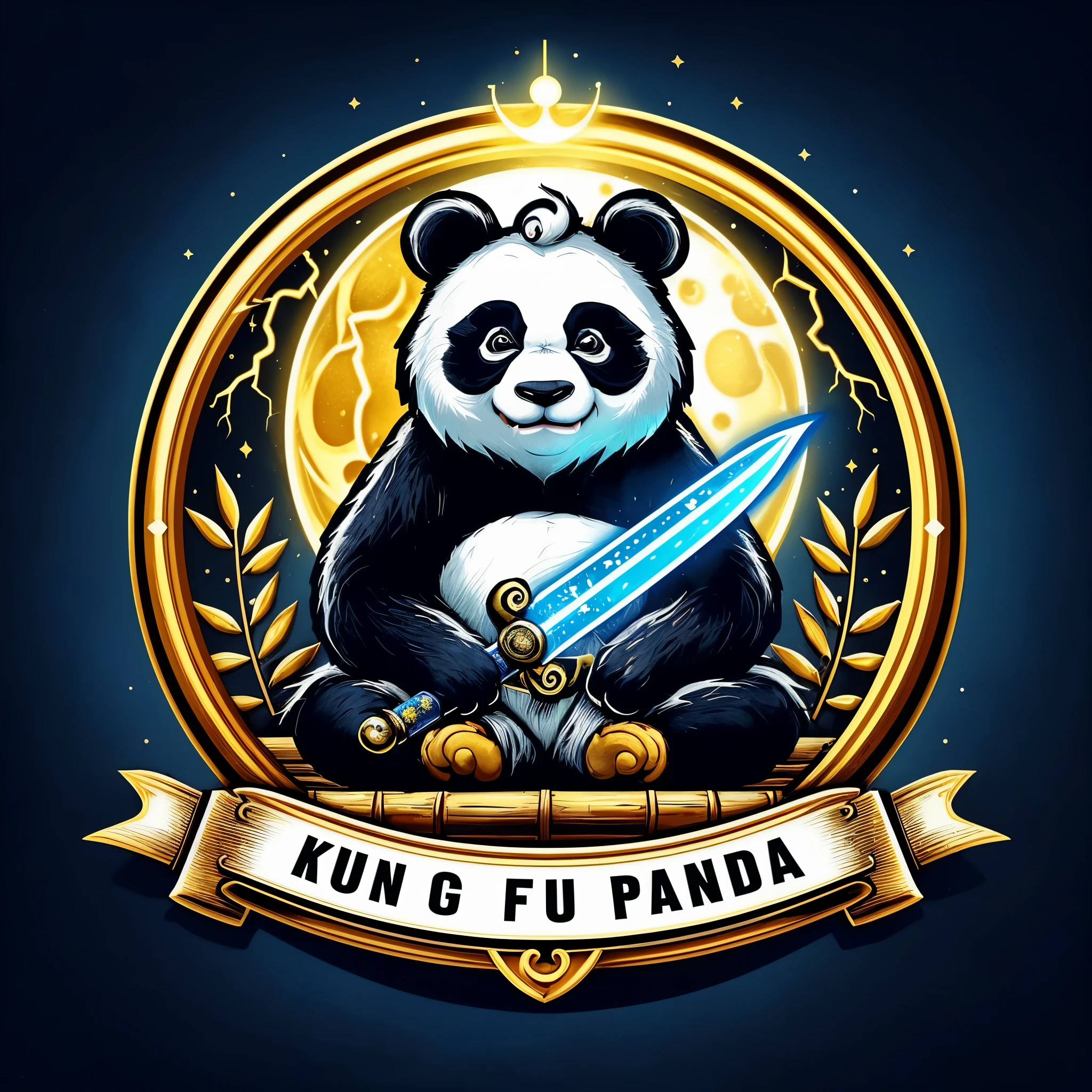 The logo is a panda sitting in the center of a round, illuminated gold frame. The panda holds a sparkling blue sword in his lap. Panda fur is black and white, and its beak is yellow. Around the panda there are bamboo branches. In the background, there is a crescent moon and lightning, adding an element of power or mystery. Placed in a gold frame, giving an exclusive impression. At the bottom of the gold frame is the words “kung fu panda” in white capital letters.