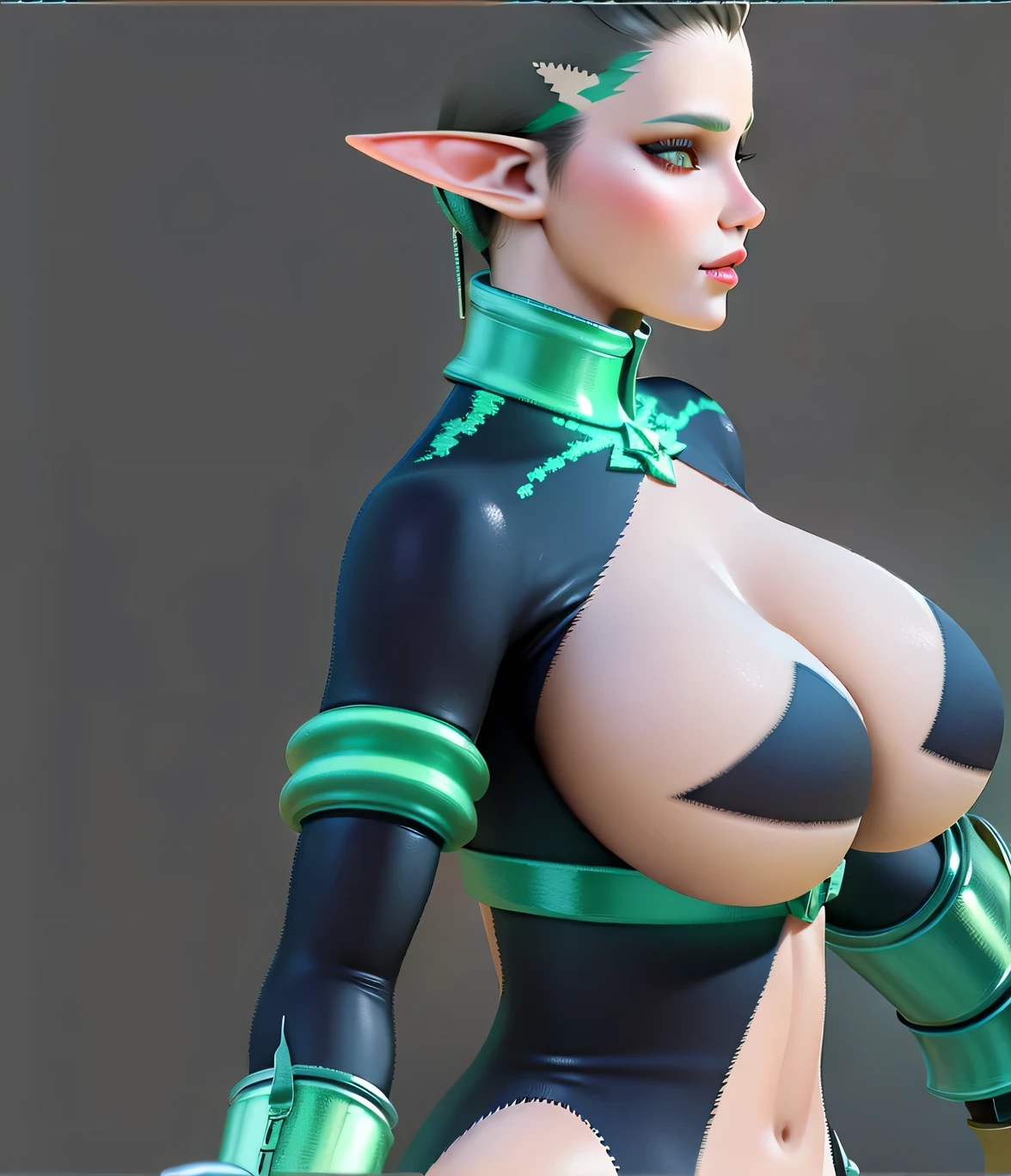 Close-up of cartoon characters dressed in green and black, female elf, Hand painted texture on model, extremely fine skin, Super detailed fantasy characters, Elf Girl, High detail skin, detailed body, half elf woman, 3D rendering stylization, drawn in mystical style, wlop shiny skin, Smurf, stylized 3d,3D character art,Ash,2。5D CGI anime fantasy artwork,Rebellious Art Art StationCGCosiety,Close-up of people,As seen on art website