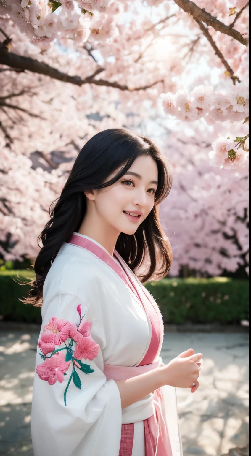 (logo、masterpiece、8k、table top、RAW photo、wonderful、最high quality、Photorealistic and hvery detailed CG integrated 8k wallpaper、high quality、very detailed、Narrative poem、particle effects、dynamic effects、written boundary depth、cinematic light、Lens flare、ray tracing)、fantasy、 (1 beautiful woman、white kimono、Japan Dress、White cherry blossom embroidery pattern、black haired、beautiful face、real face、beautiful details eyes beautiful skin)、Hair flutters in Wind、hair bounces、pink cherry tree、petals dance、SakuraFubuki、wonderful景色、sunrise、sun on background、Wind、god々、teeth、god話、vast land